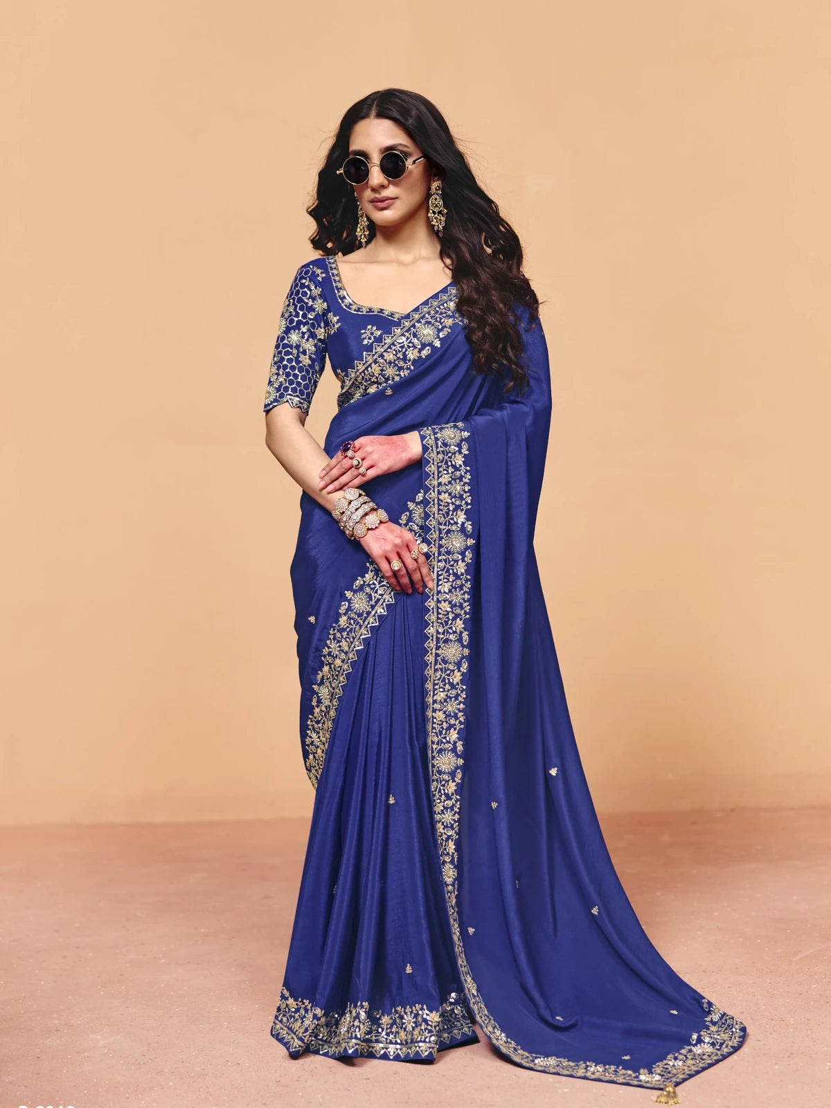 Tarani royal blue organza satin saree with heavy sequin embroidery full view for party and festive wear