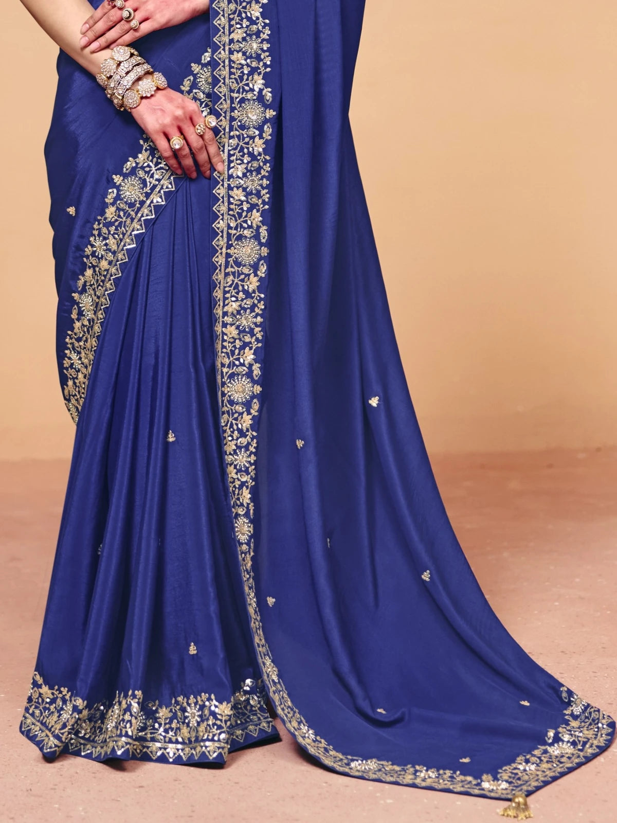 Tarani royal blue saree pallu and border closeup with sequin heavy embroidery work for festive styling