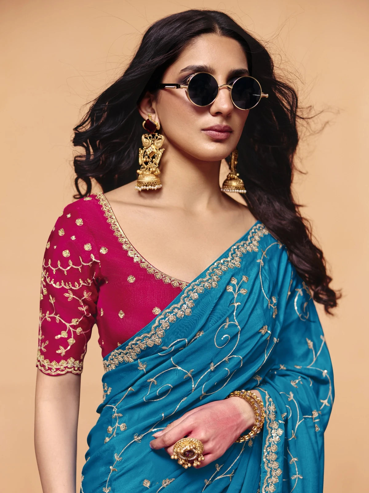 Tarani blue embroidered organza satin saree upper body view with designer blouse