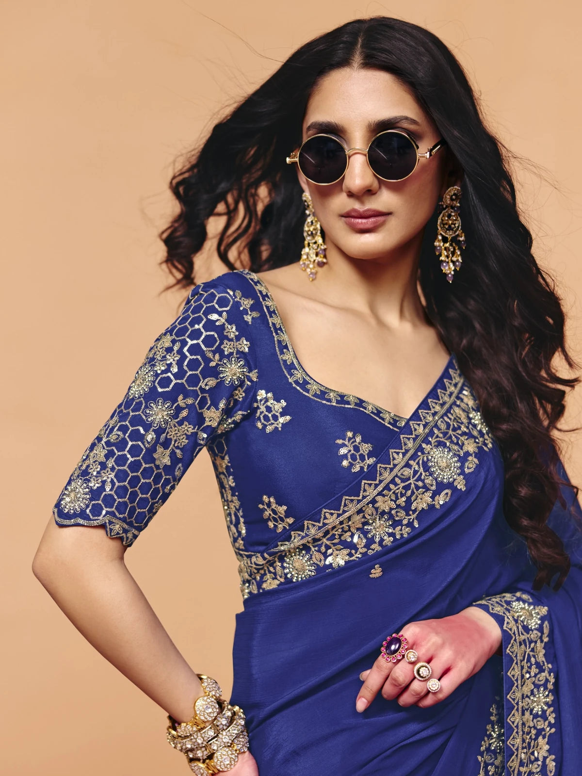 Tarani blue organza satin embroidered saree blouse detailing upper body view with designer embroidery work
