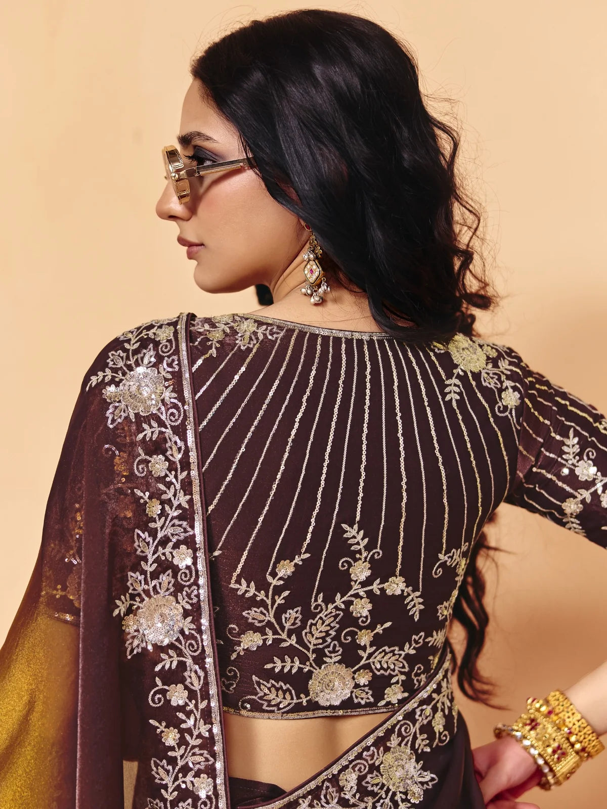 Tarani brown organza satin embroidered blouse back view saree design with sequin work detailing