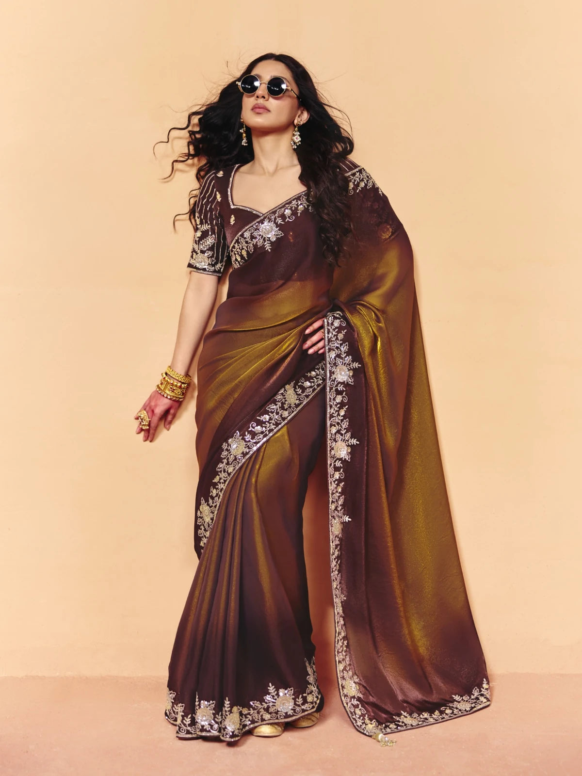 Tarani brown organza satin saree with heavy sequin embroidery full saree view for party and festive wear