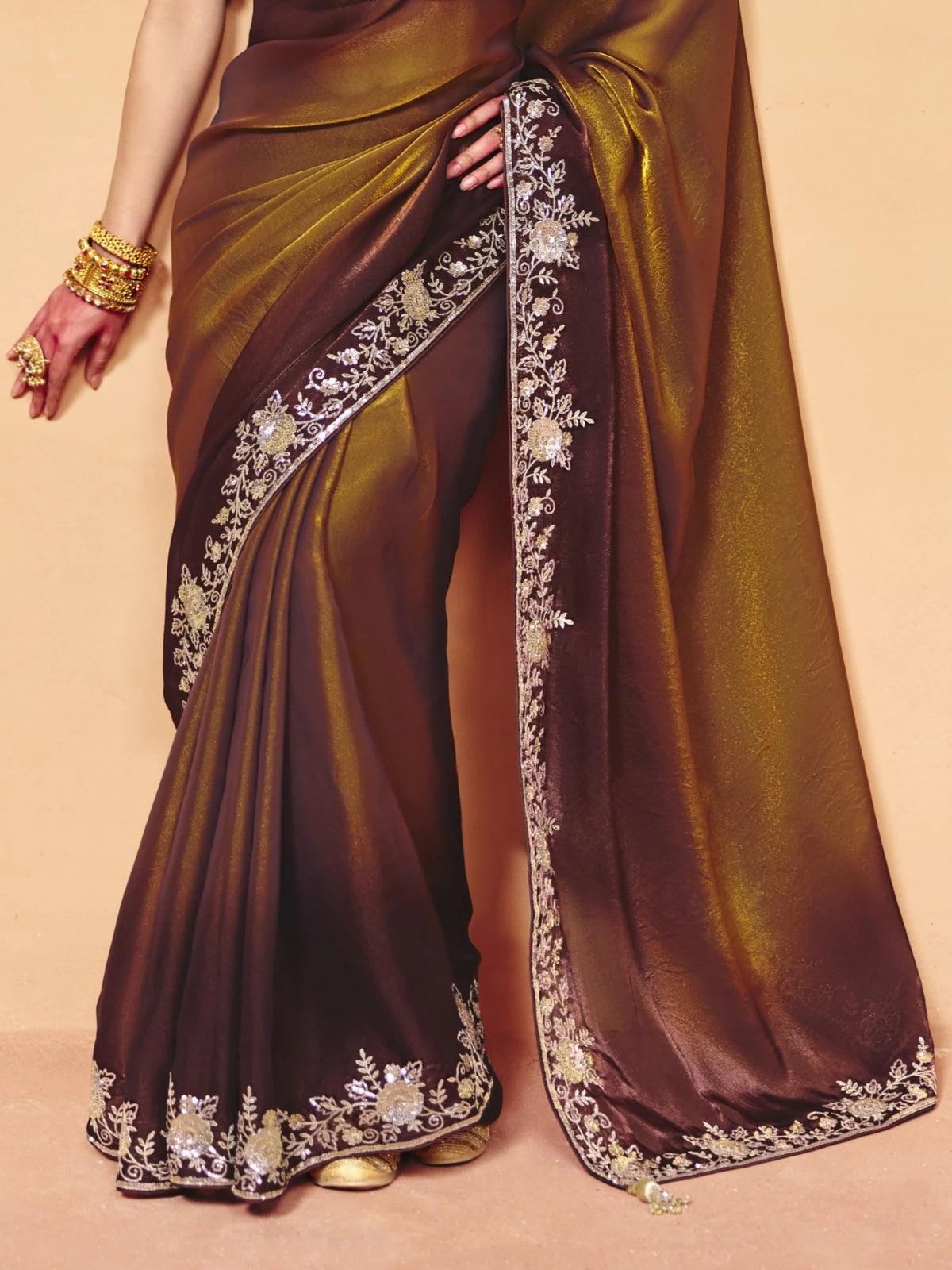 Tarani brown organza satin saree pallu and border closeup with heavy sequin embroidery work
