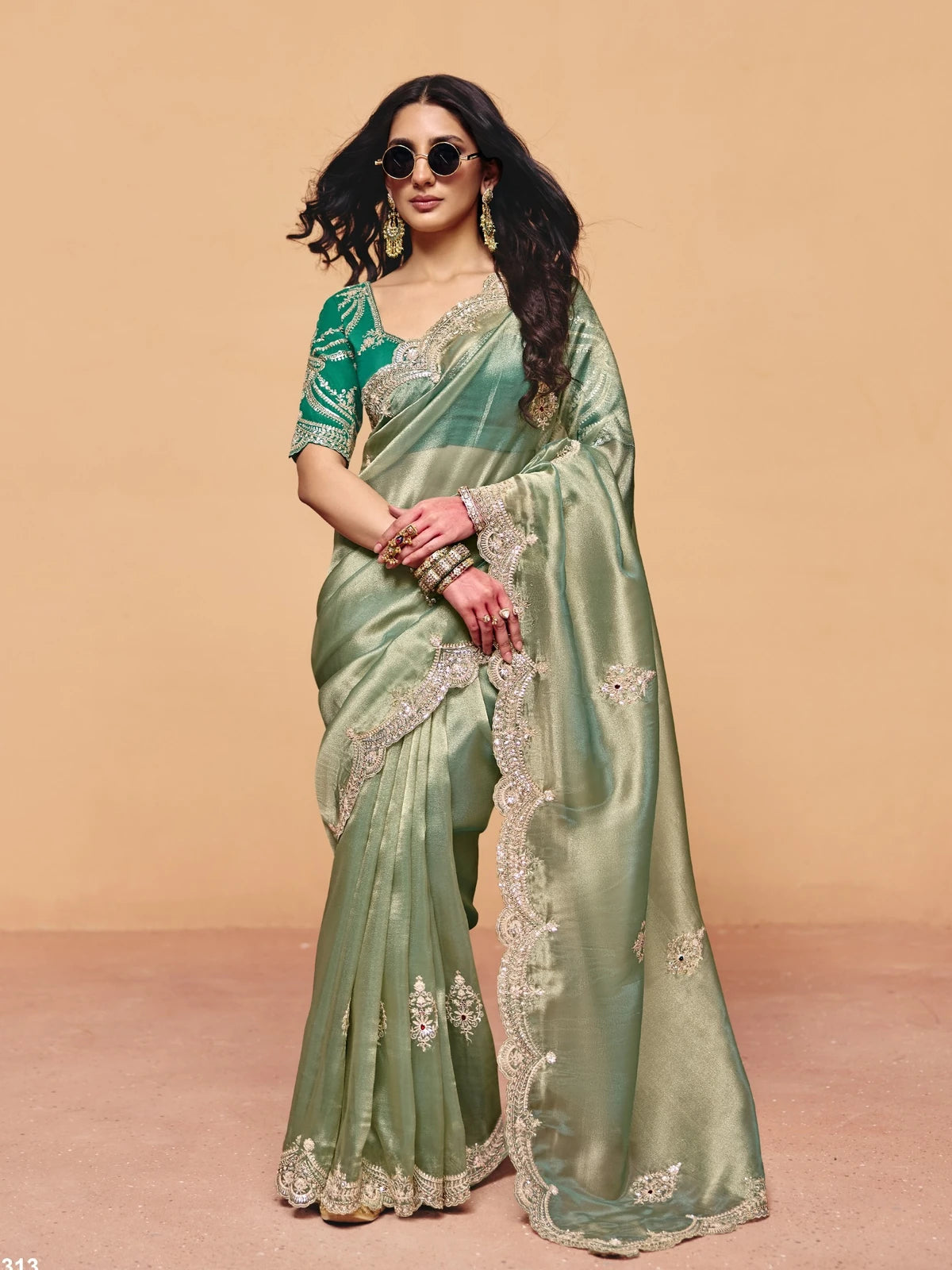 Tarani green organza satin saree with heavy sequin embroidery full view for festive party wear