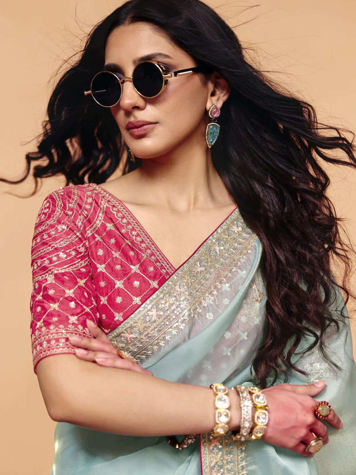 Tarani green organza satin saree with embroidered blouse upper body designer look