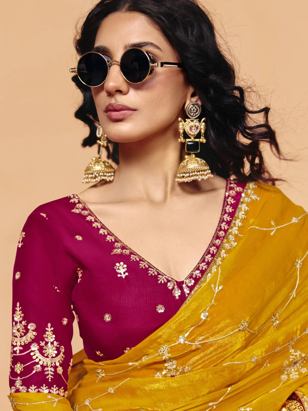 Tarani mustard embroidered organza satin saree upper body blouse detailing for festive occasions