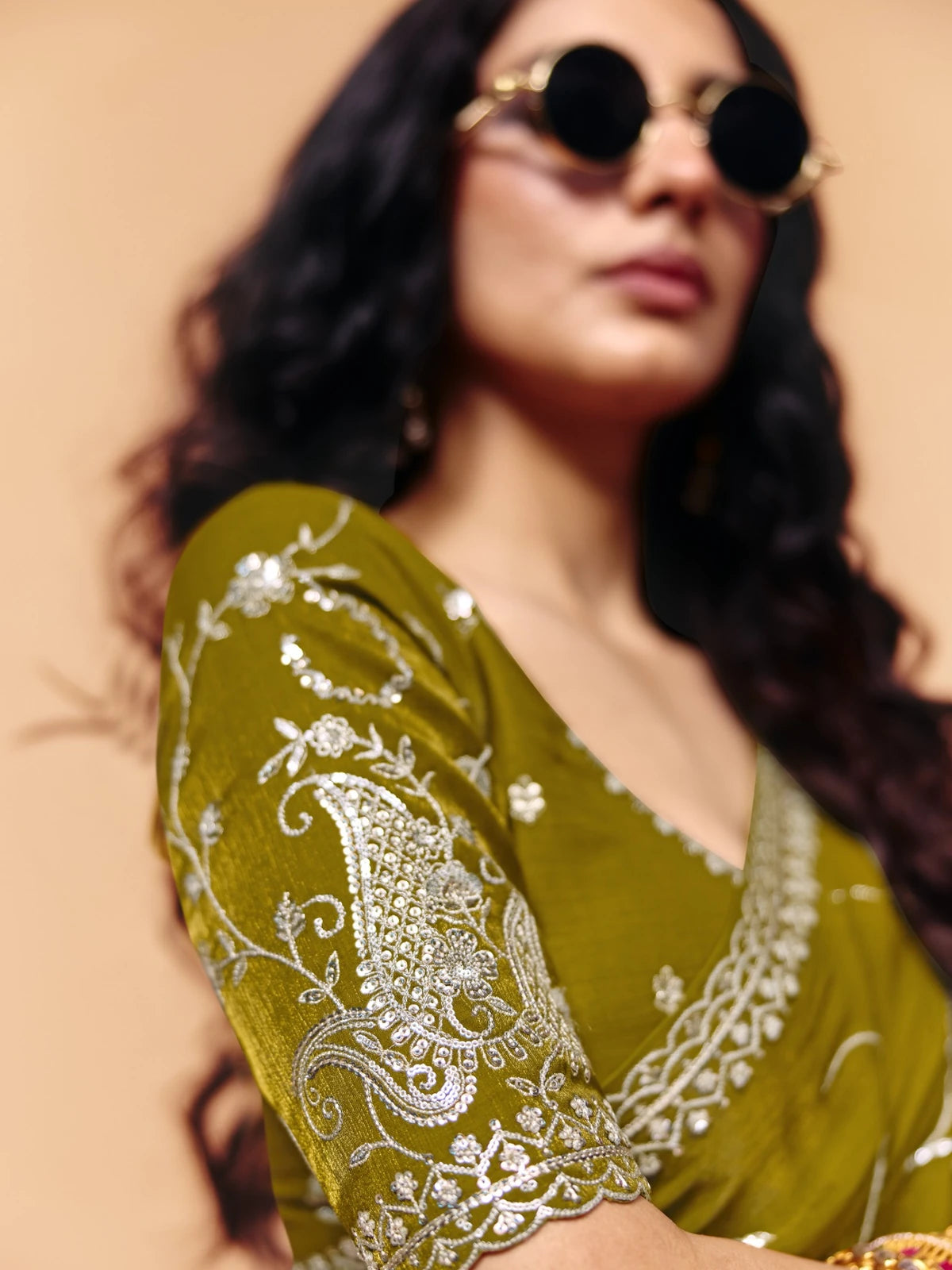 Tarani olive green organza satin saree blouse embroidery upper body closeup for women