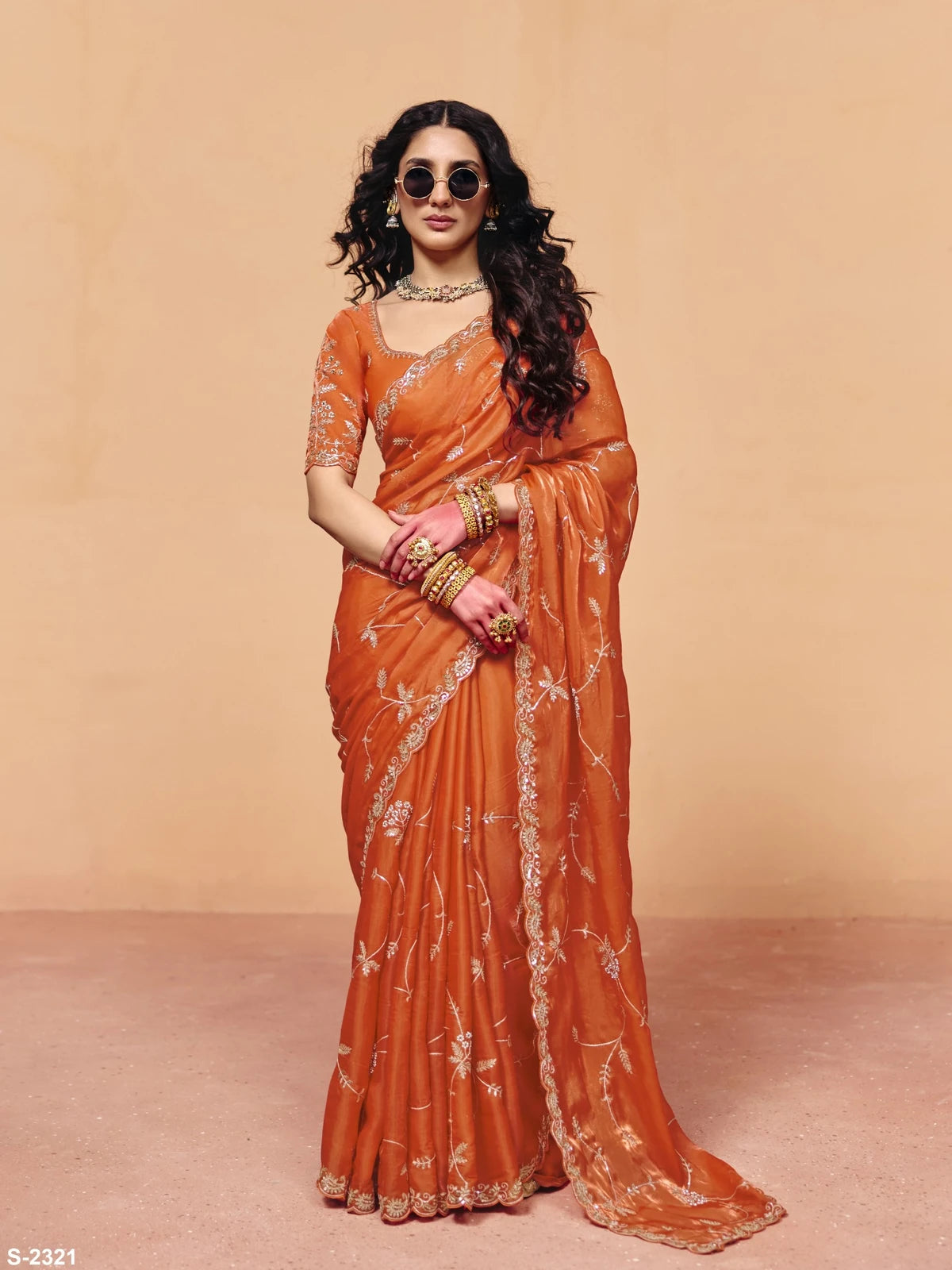 Tarani orange organza satin saree with sequince embroidery full view party wear