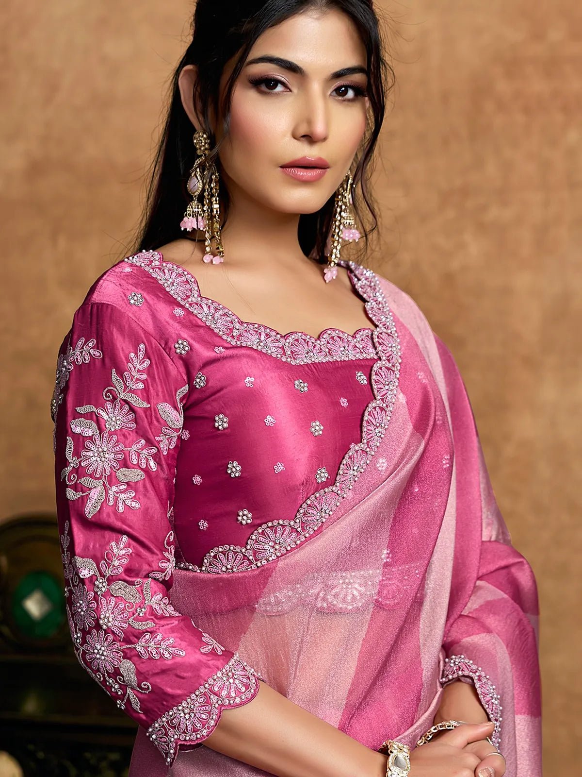 Tarani Jagruti pink Organza Satin saree upper body view with embellished blouse and scallop neckline