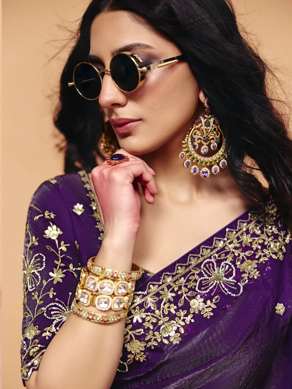 Tarani purple organza satin saree upper body view with sequin embroidered blouse and designer border