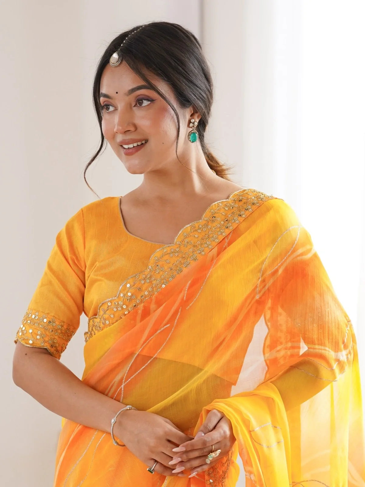 Tarani mono Bengalori blouse with yellow chiffon saree upper body festive styling