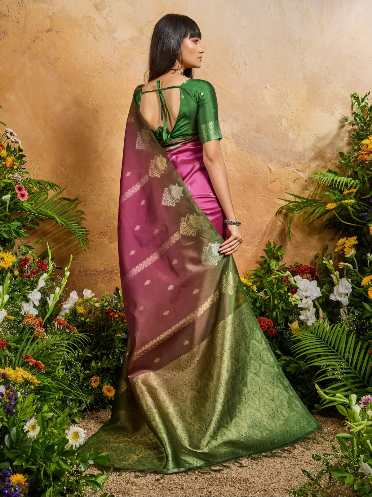 Tarani pink handloom weaving paper silk saree back view with matching blouse – Anjita edition