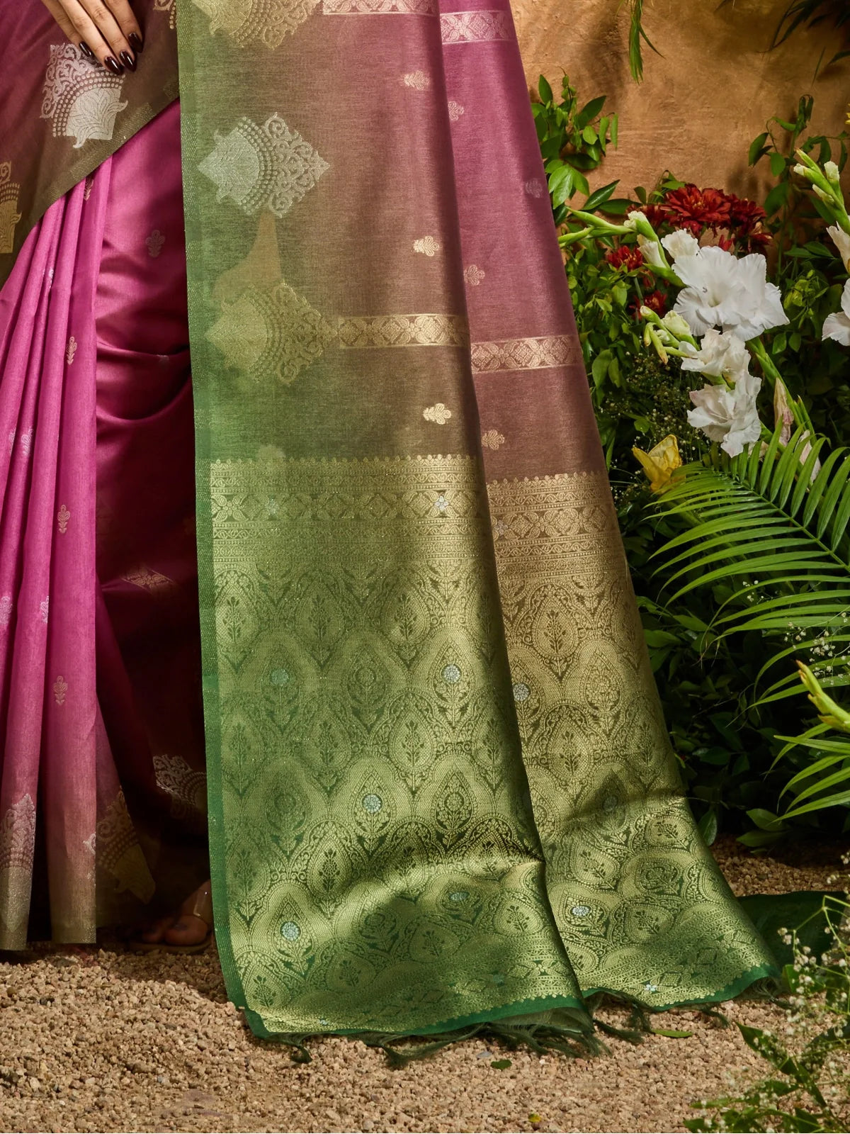 Tarani pink handloom weaving paper silk saree closeup view with matching blouse – Anjita edition
