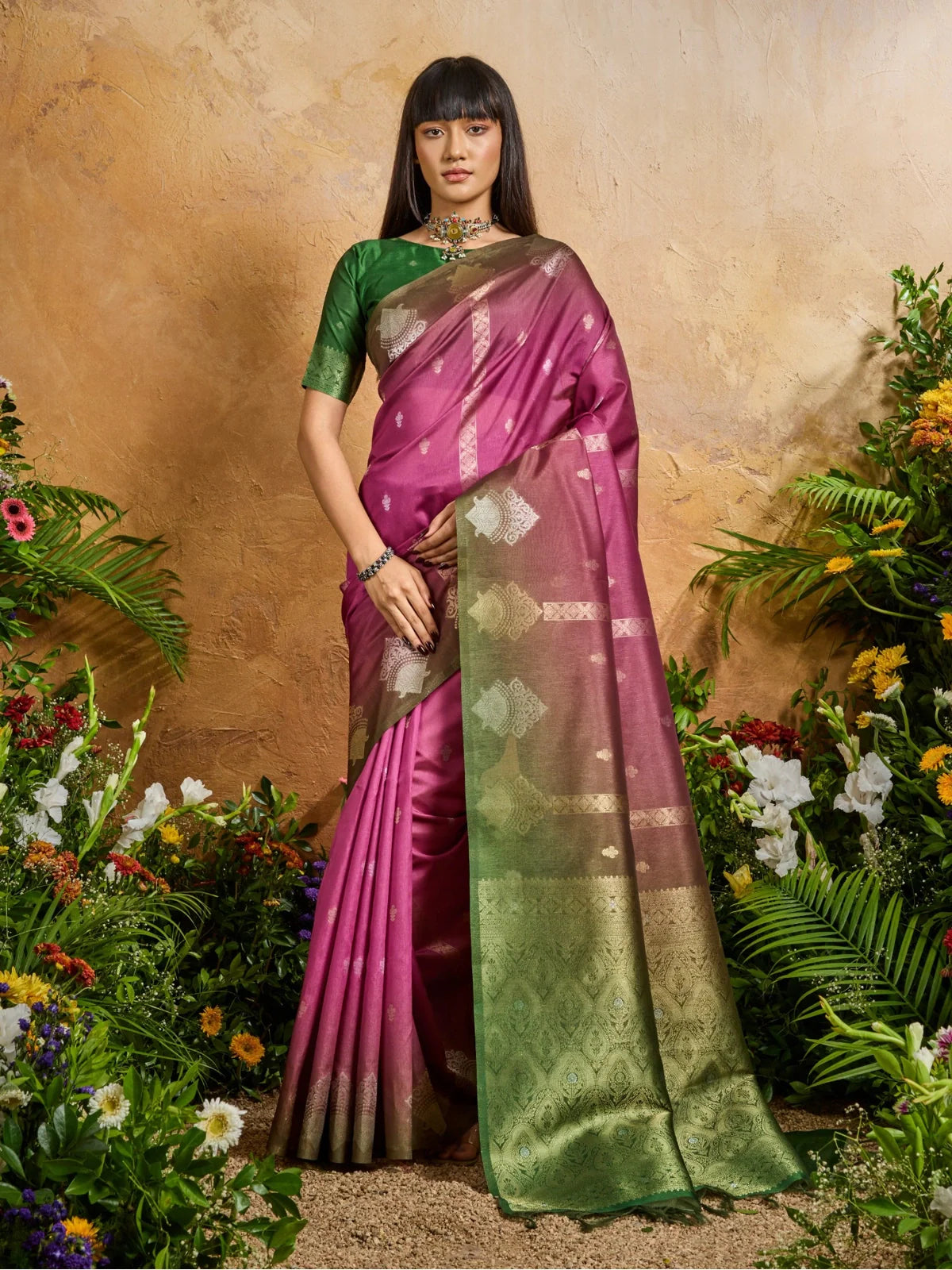 Tarani pink handloom weaving paper silk saree full view with matching blouse – Anjita edition