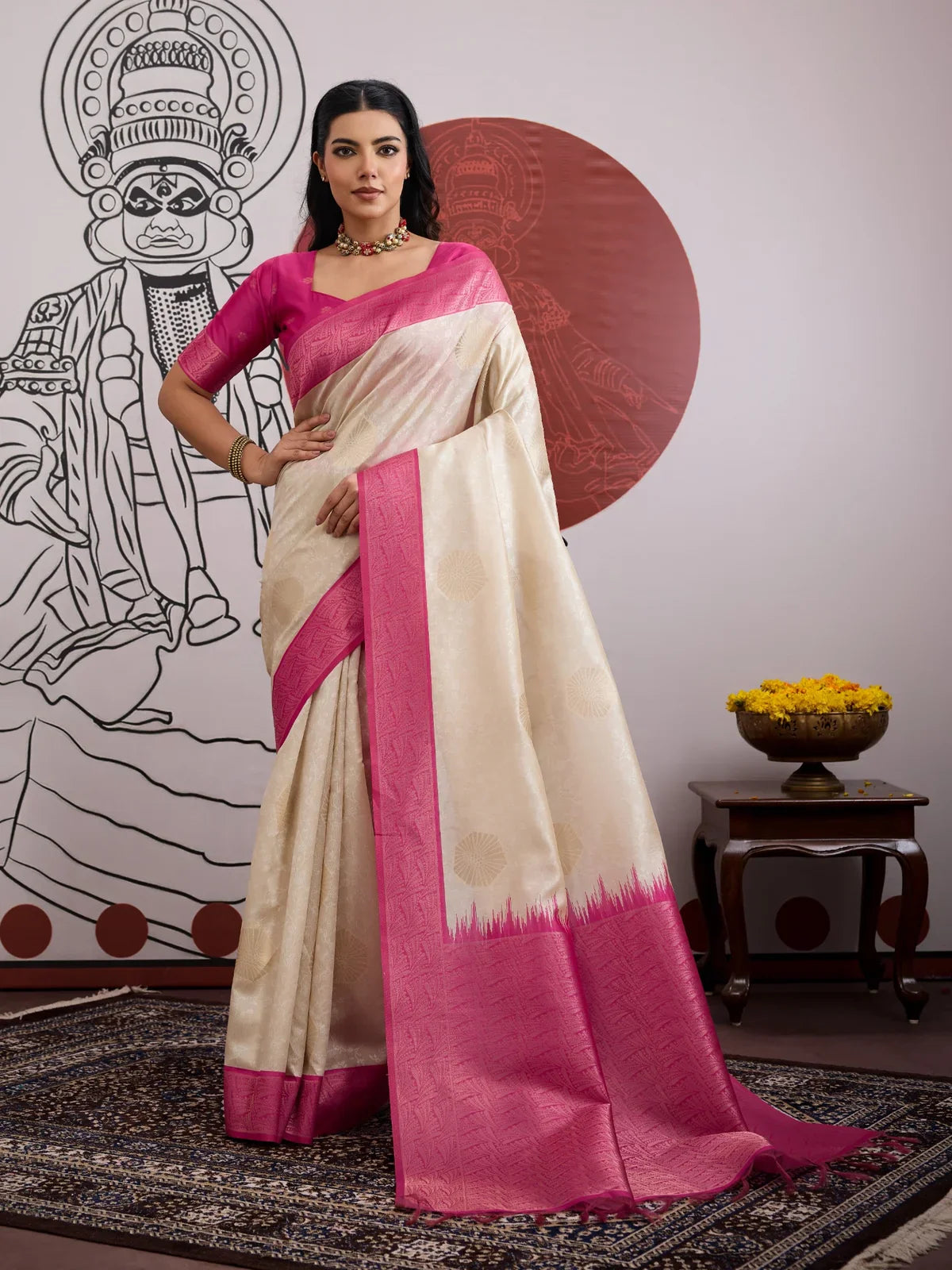 Tarani handloom paper silk beige saree full view with pink blouse and elegant border