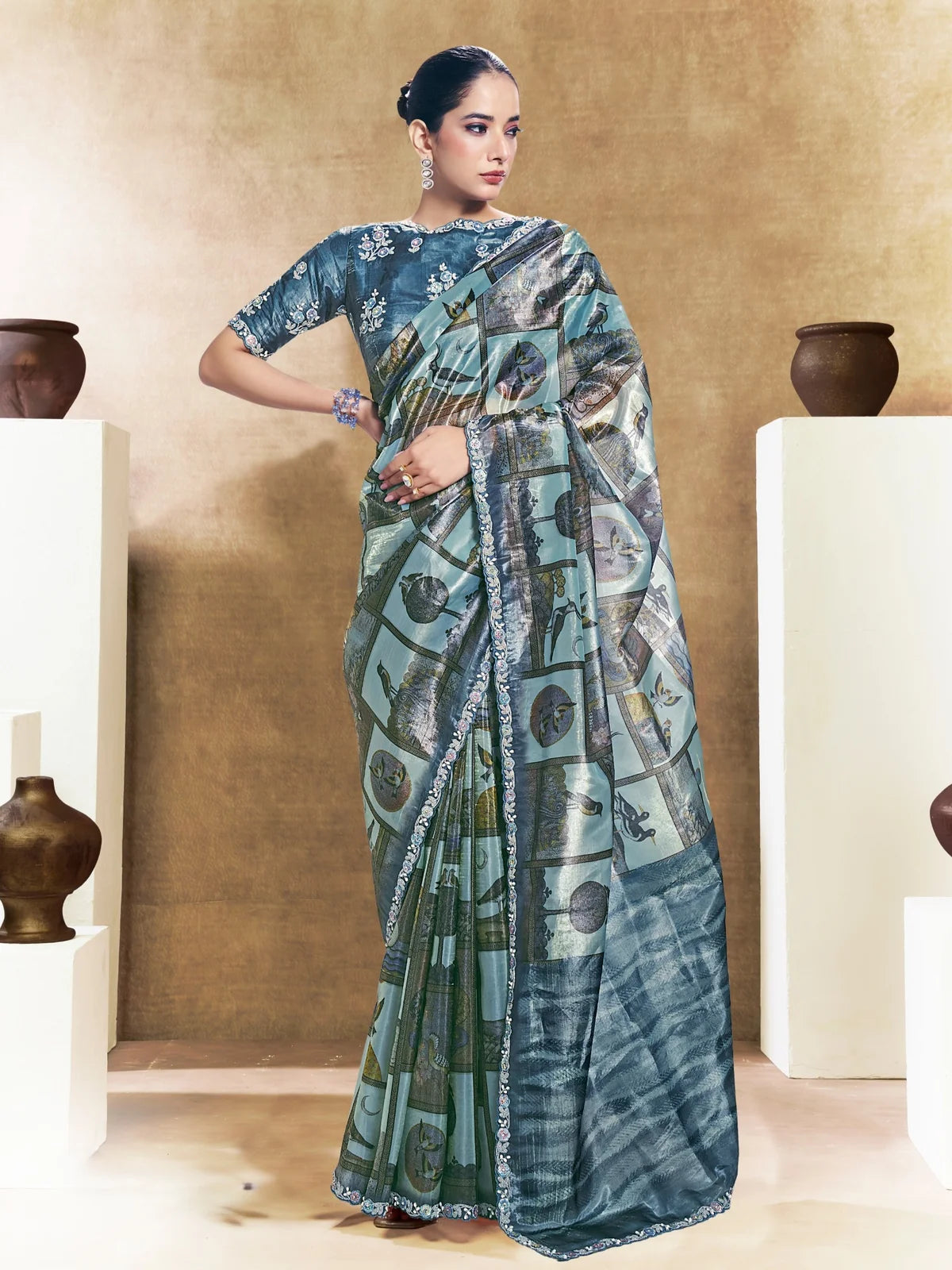 Tarani blue two tone paper silk saree with digital traditional print embroidery stone handwork full view Pakhi