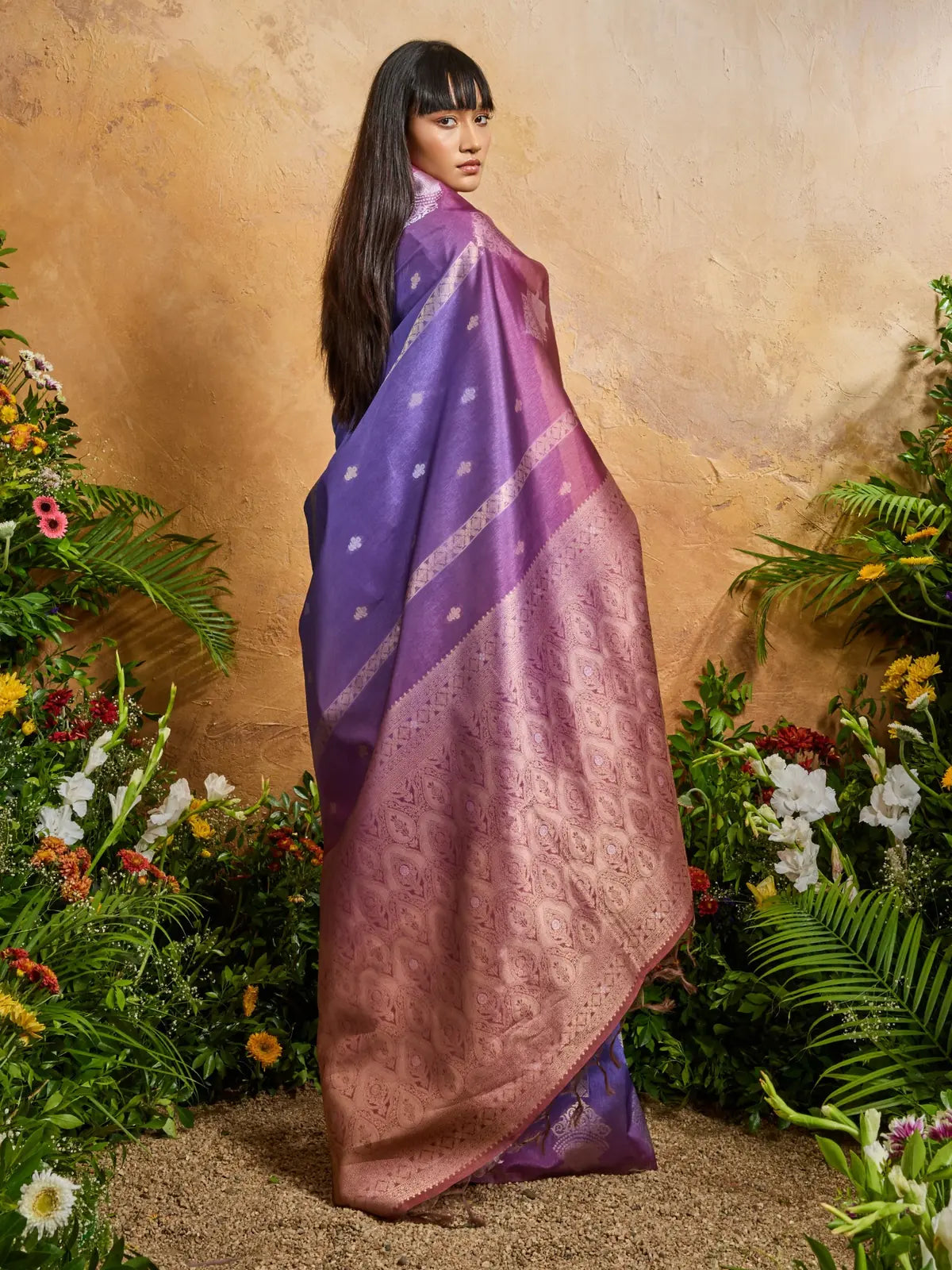 Tarani paper silk saree shown from back view with detailed pallu pattern and texture