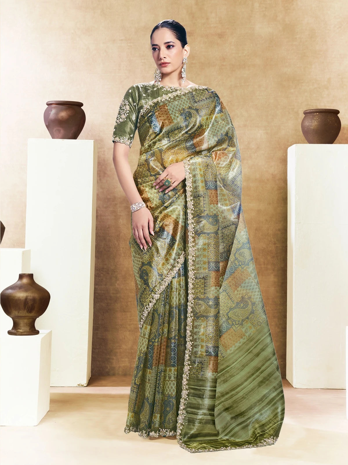 Tarani Yogita green paper silk saree with embroidery stone work digital print full view