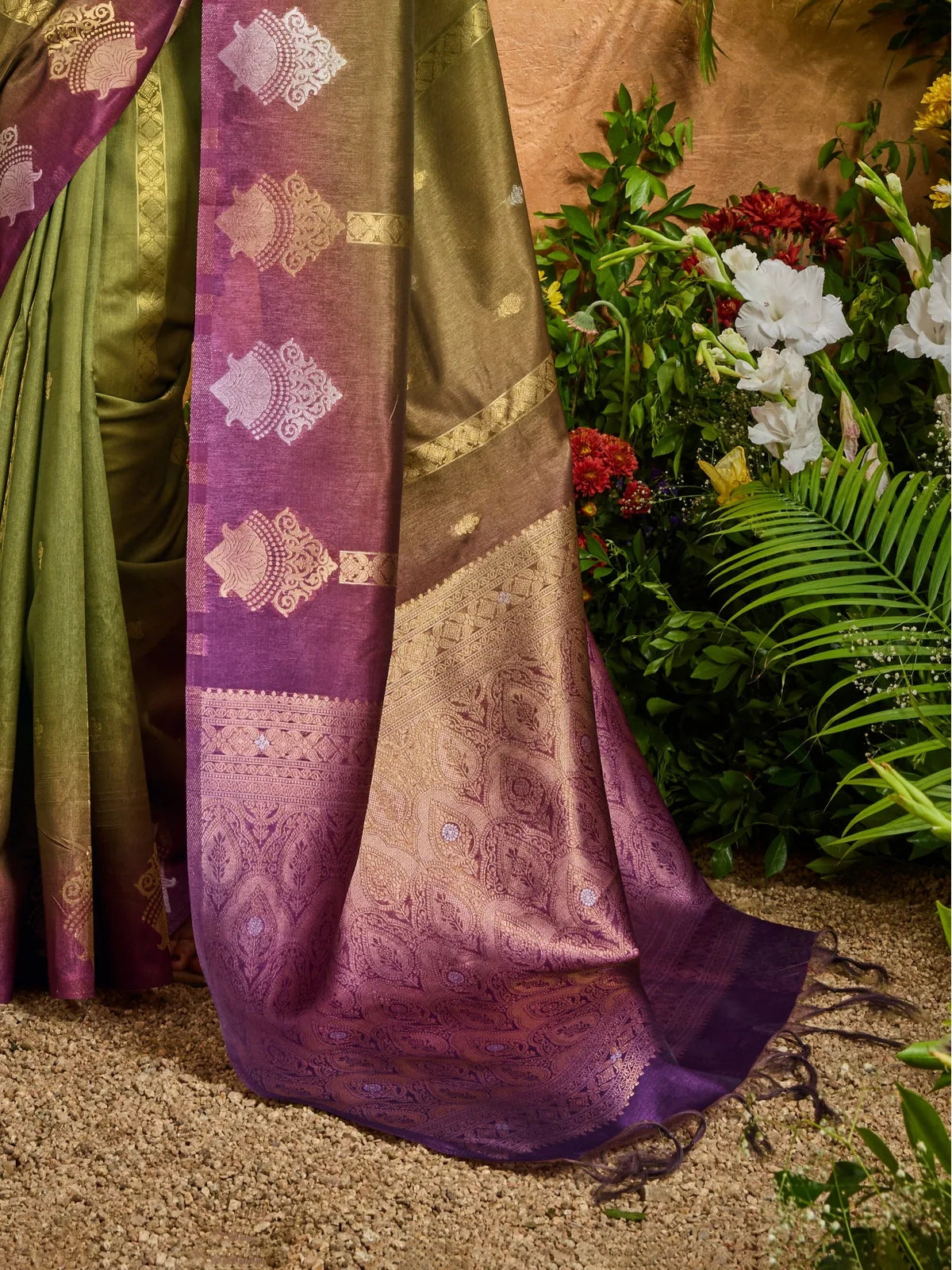 Tarani paper silk saree pallu with golden motifs and intricate purple detailing