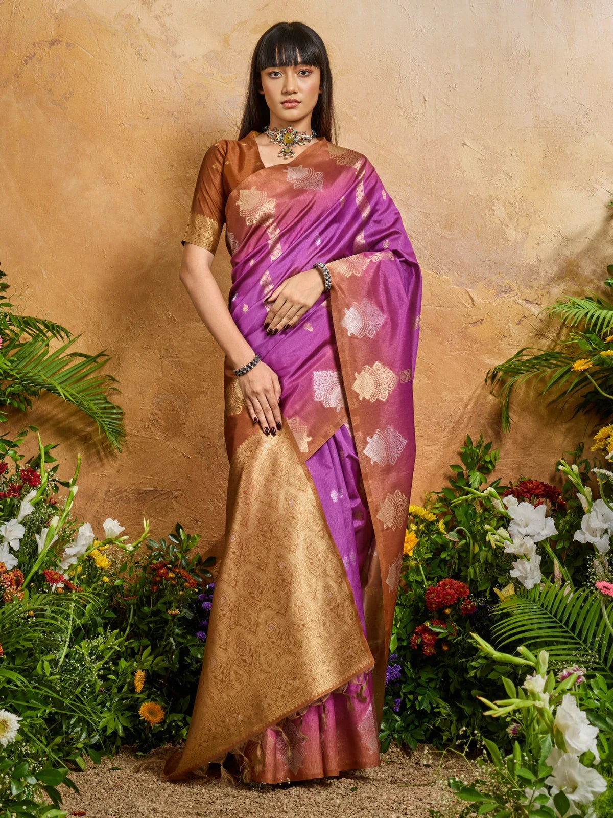Tarani elegant purple handloom paper silk saree full view with contrast golden border and blouse