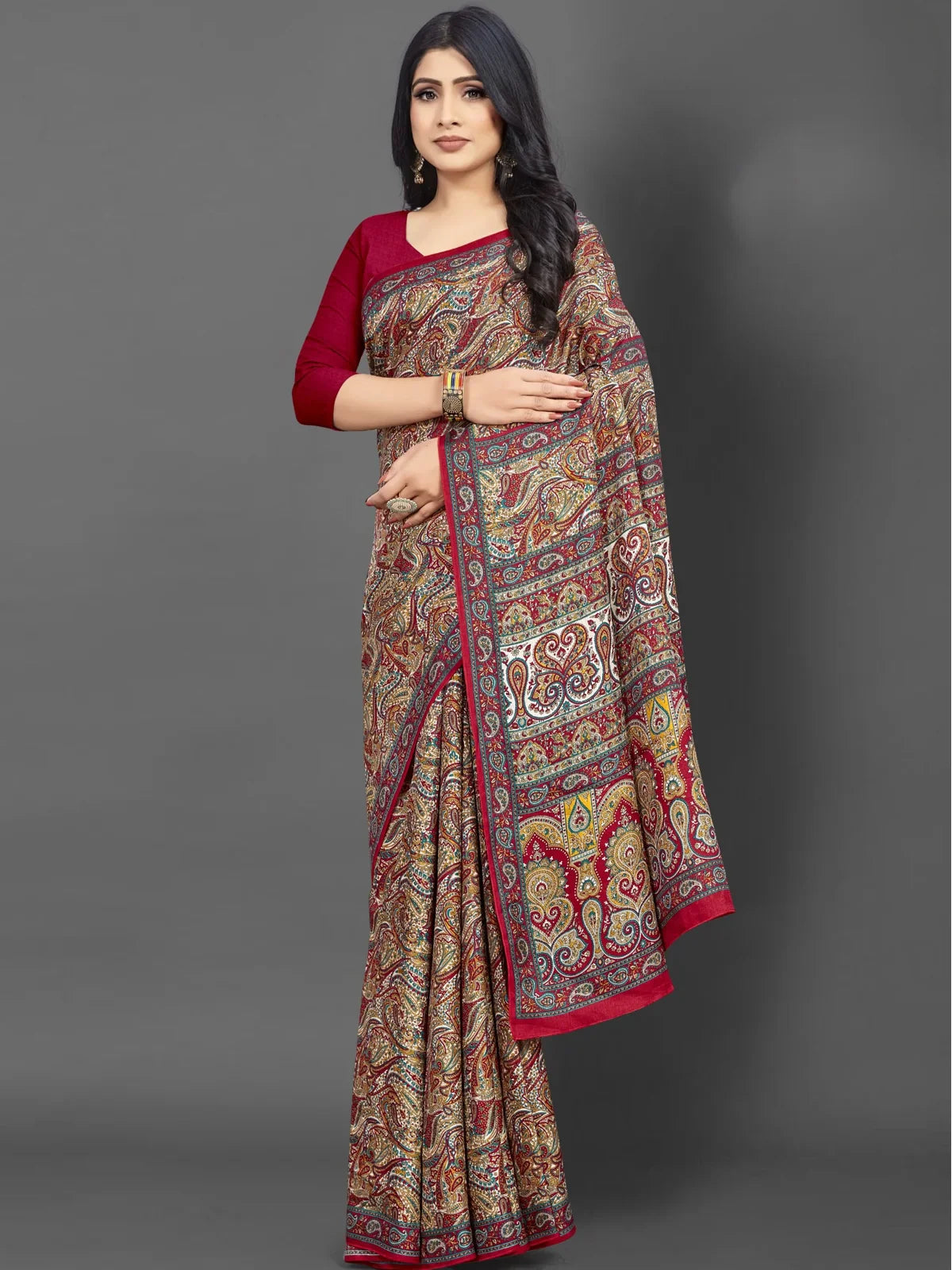 Tarani maroon Pashmina silk saree full view with traditional paisley design