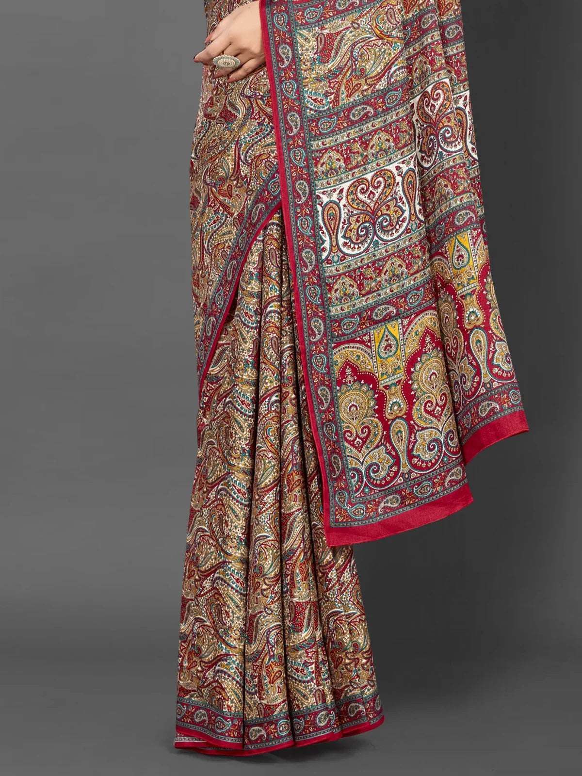 Tarani maroon Pashmina silk saree pallu close-up highlighting intricate border and design