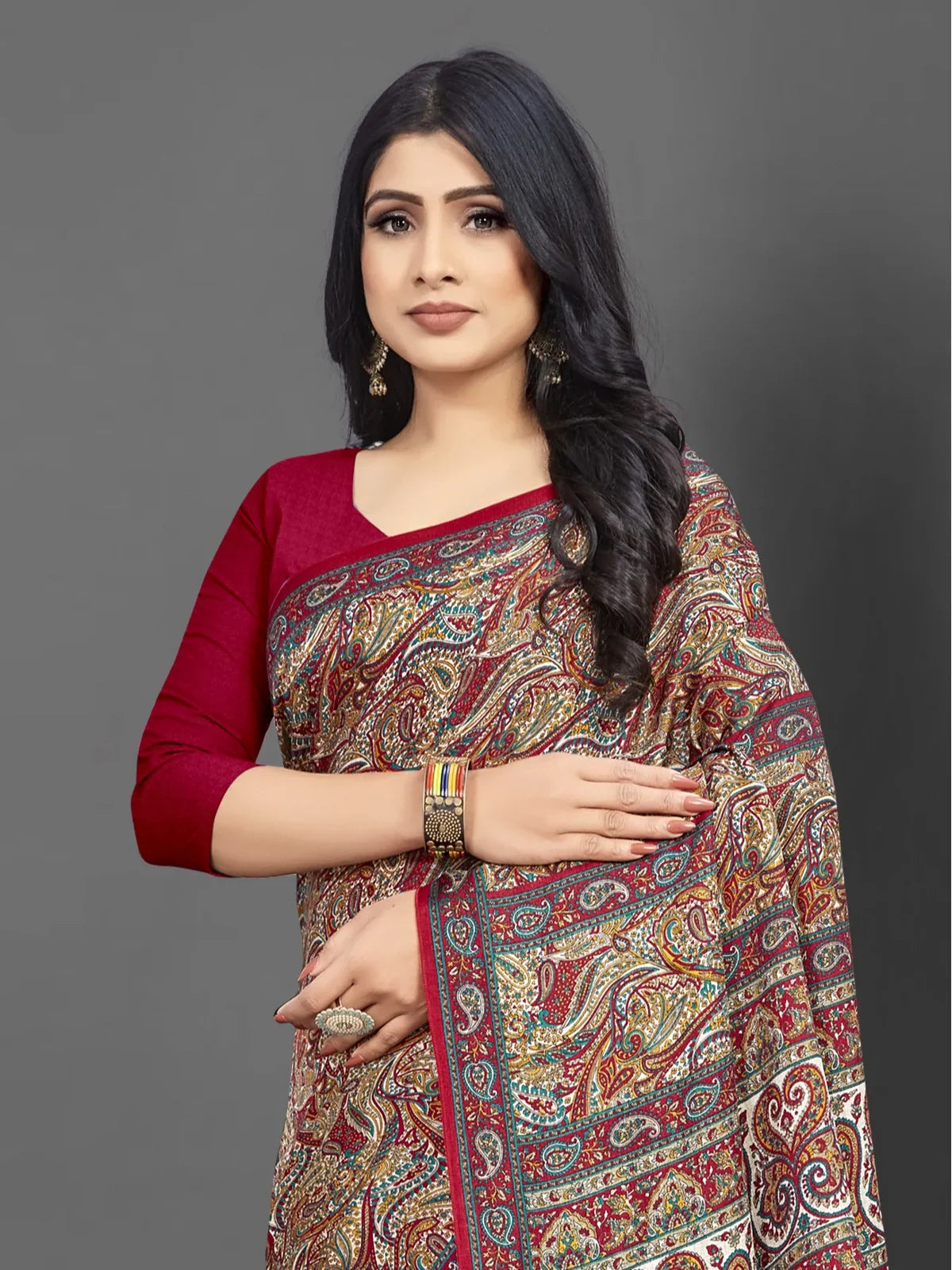Tarani maroon Pashmina silk saree upper body view showing elegant blouse and drape