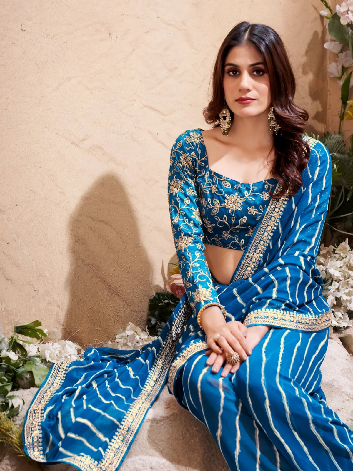 Tarani blue leheriya saree upper body view showing detailed silk blend blouse design