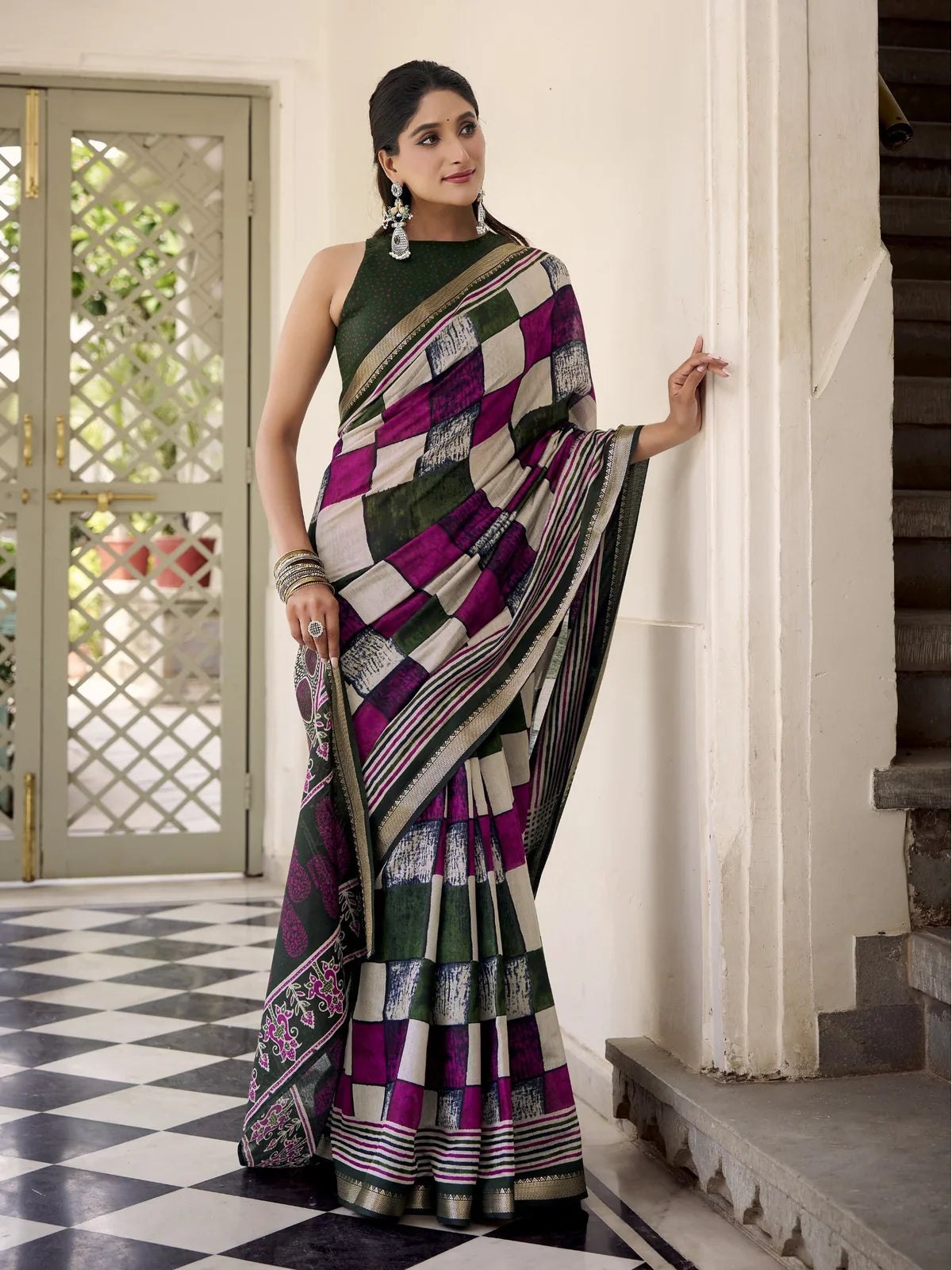 Tarani elegant green chanderi saree with geometric checks and traditional printed pallu - full view