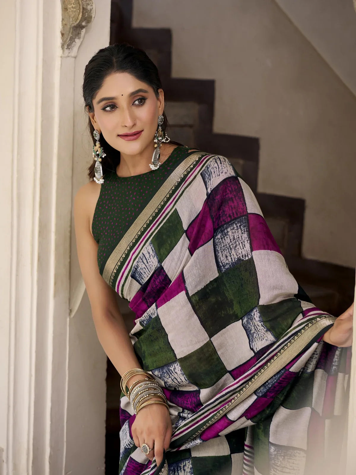 Tarani green chanderi saree upper-body view with fine checks and elegant drape