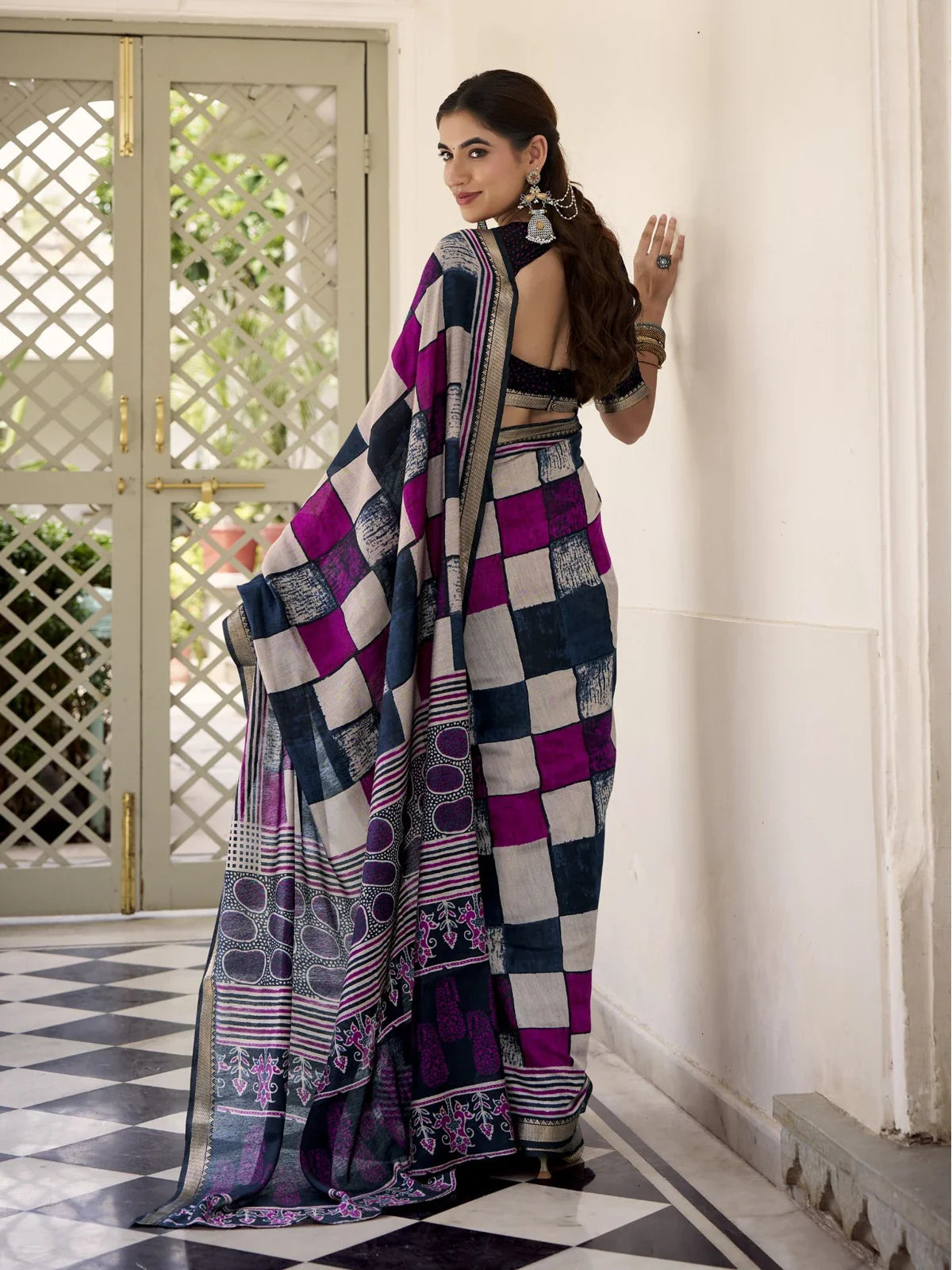 Tarani tarikavati Purple Chanderi saree drape detail view for festive party and wedding wear