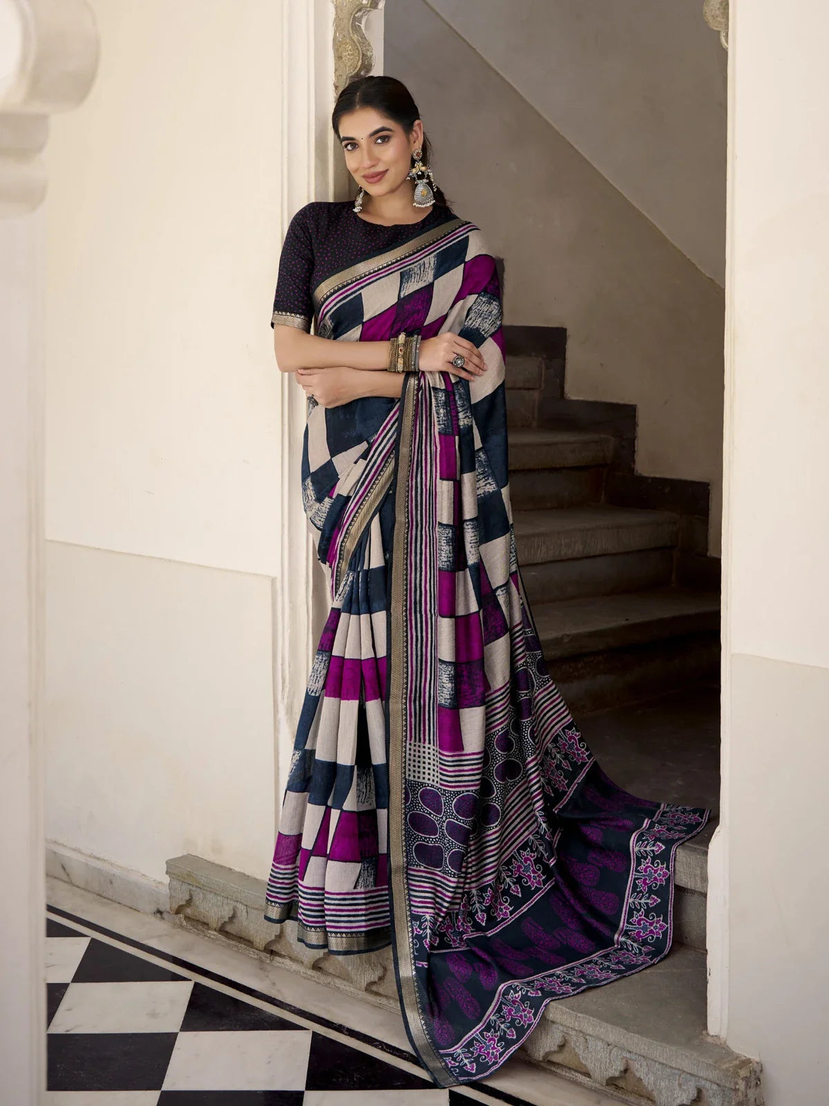 Tarani purple chanderi saree full view with festive block print and soft drape