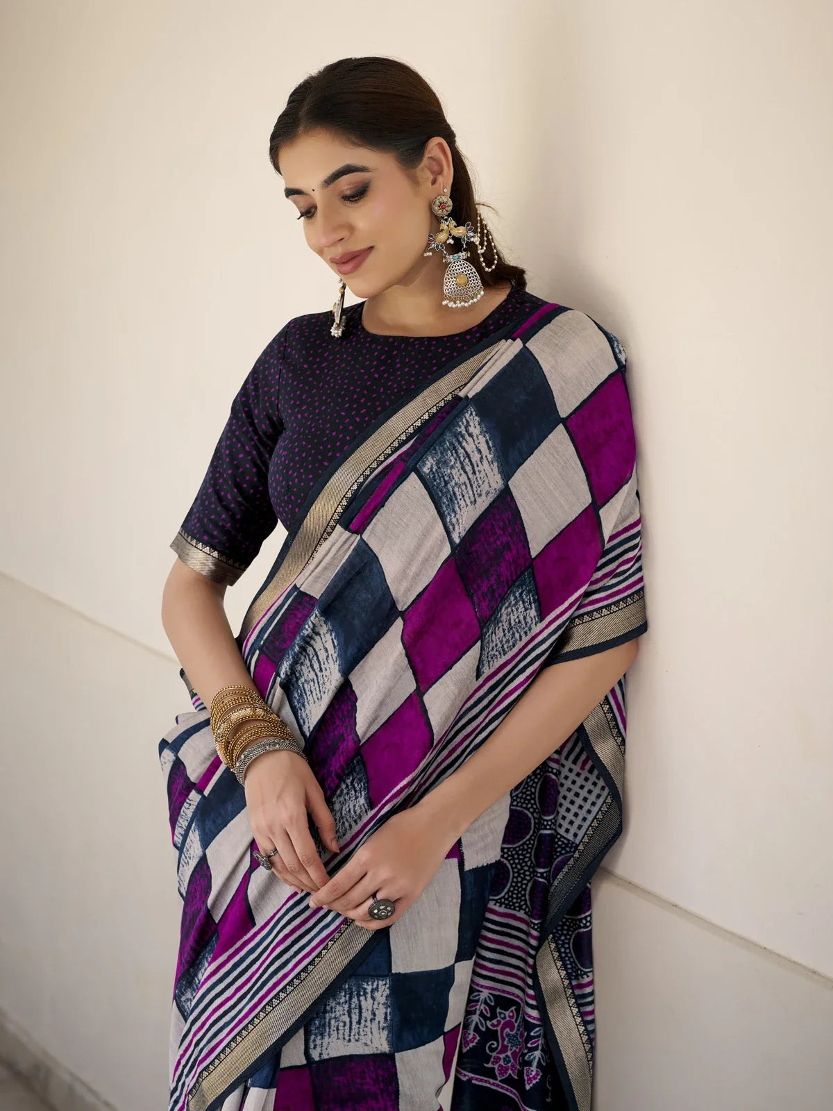 Tarani purple chanderi saree upper body view with elegant blouse and light texture
