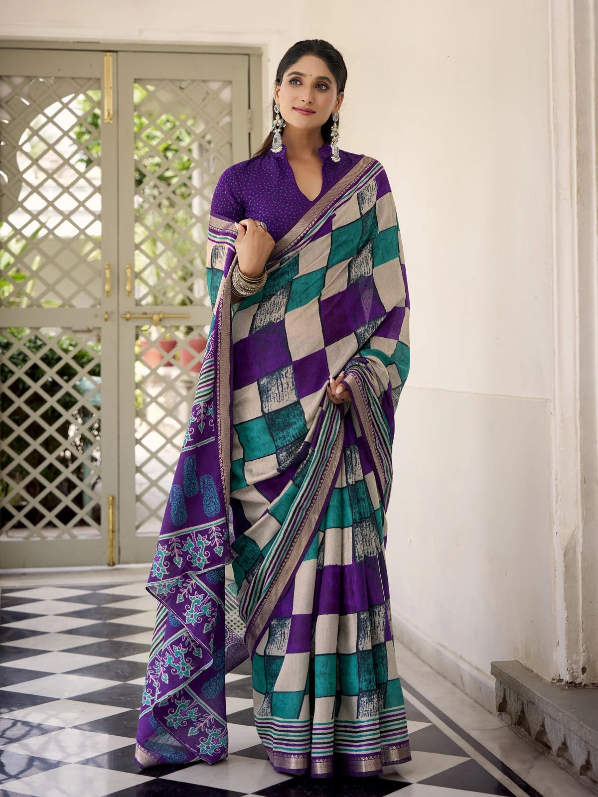 Tarani purple polyester viscose saree with geometric block print and elegant drape front view