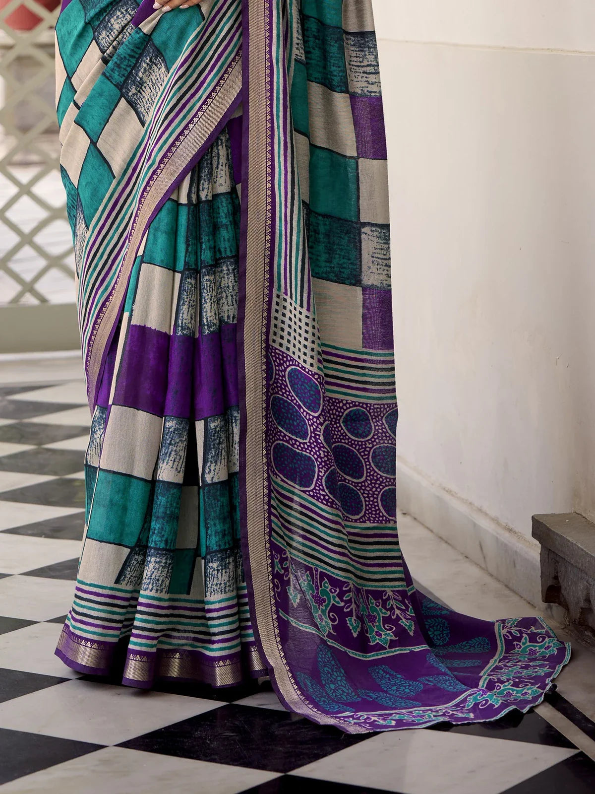 Tarani smitikavati Purple Chanderi saree close up view for festive party and wedding wear