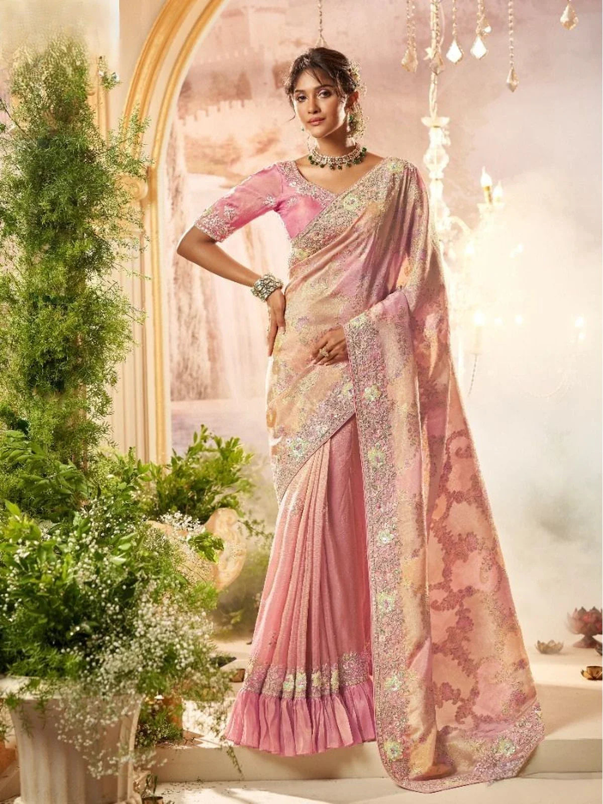 Tarani premium pink designer saree full view with rich handwork and heavy blouse for weddings and festivals