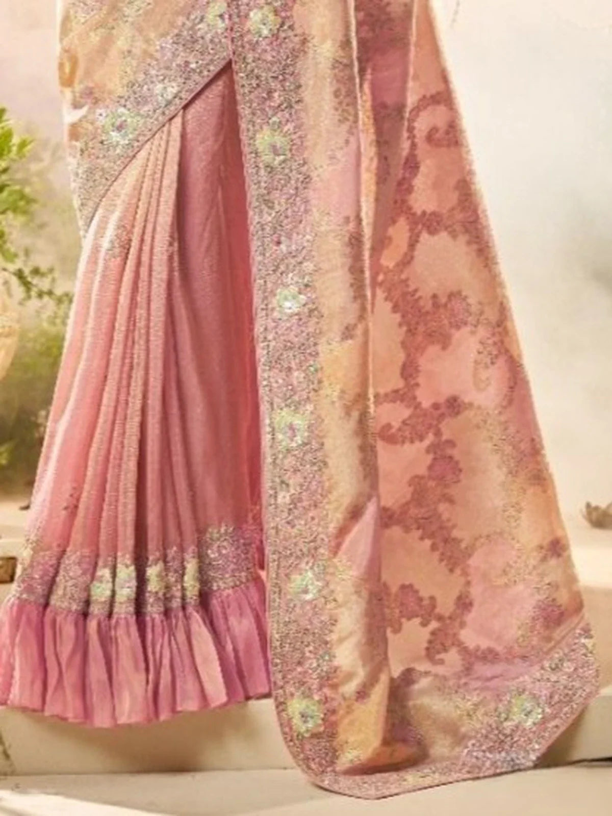 Tarani premium pink saree with artistic floral pallu and intricate designer handwork border