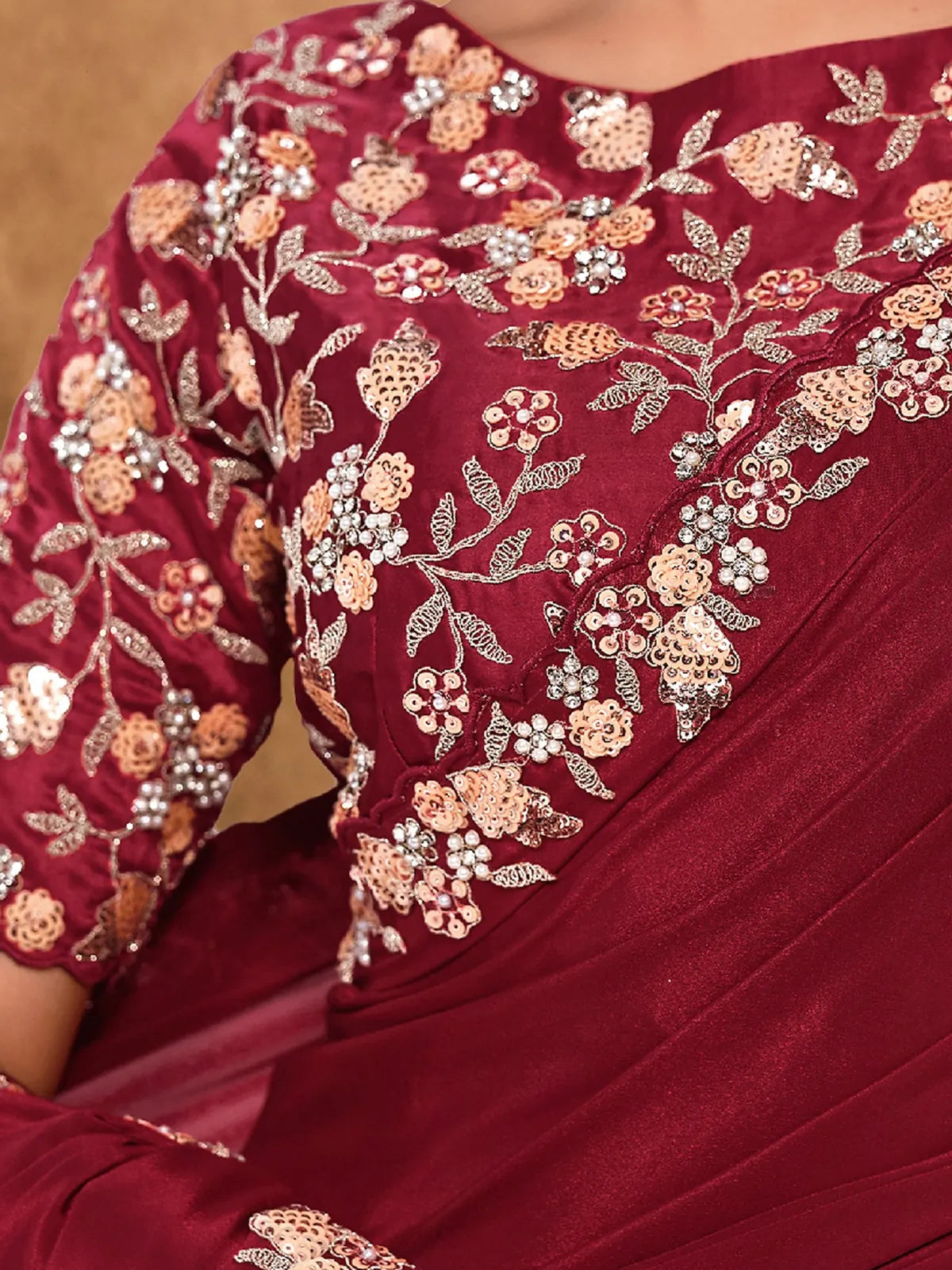 Tarani Jinala blouse view with sequence and moti embroidery on satin silk blouse