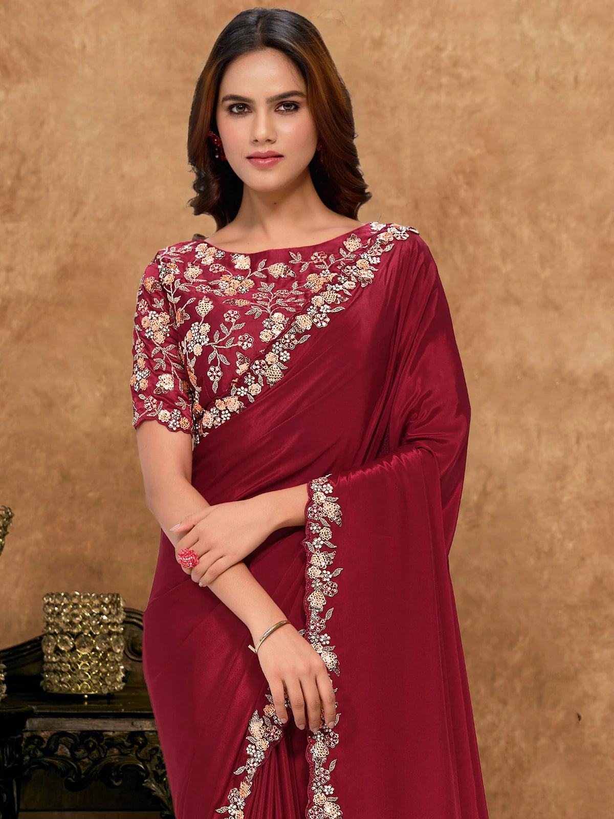 Tarani Jinala maroon Pure Crepe Georgette saree front view for wedding and festive wear