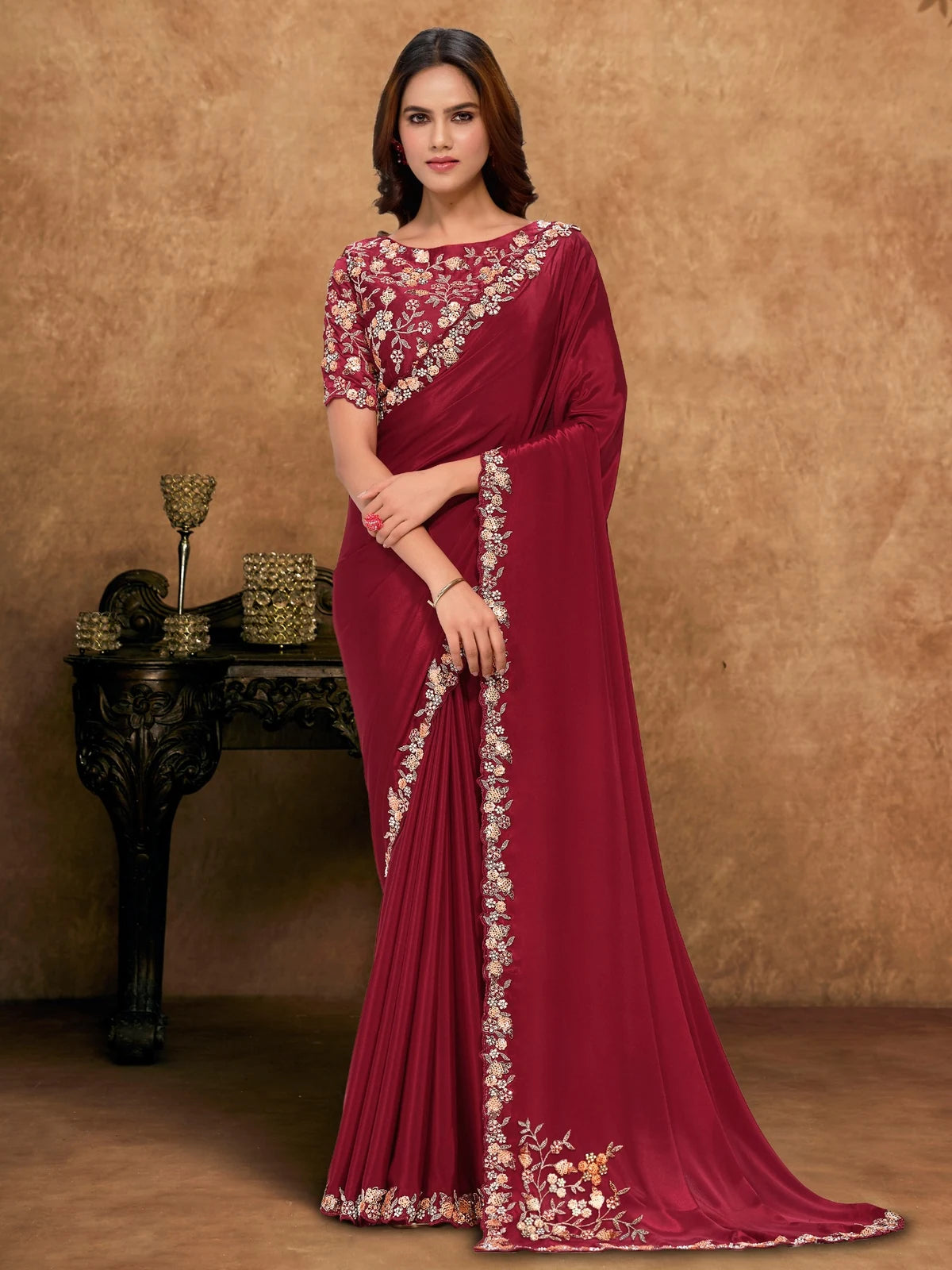 Tarani Jinala maroon Pure Crepe Georgette saree full view with sequence and moti work satin silk blouse