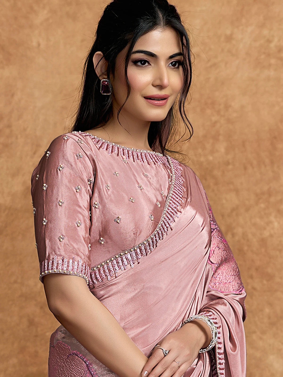 Tarani Shirina dusty pink pure crepe saree upper body view with sequin pearl embroidered blouse