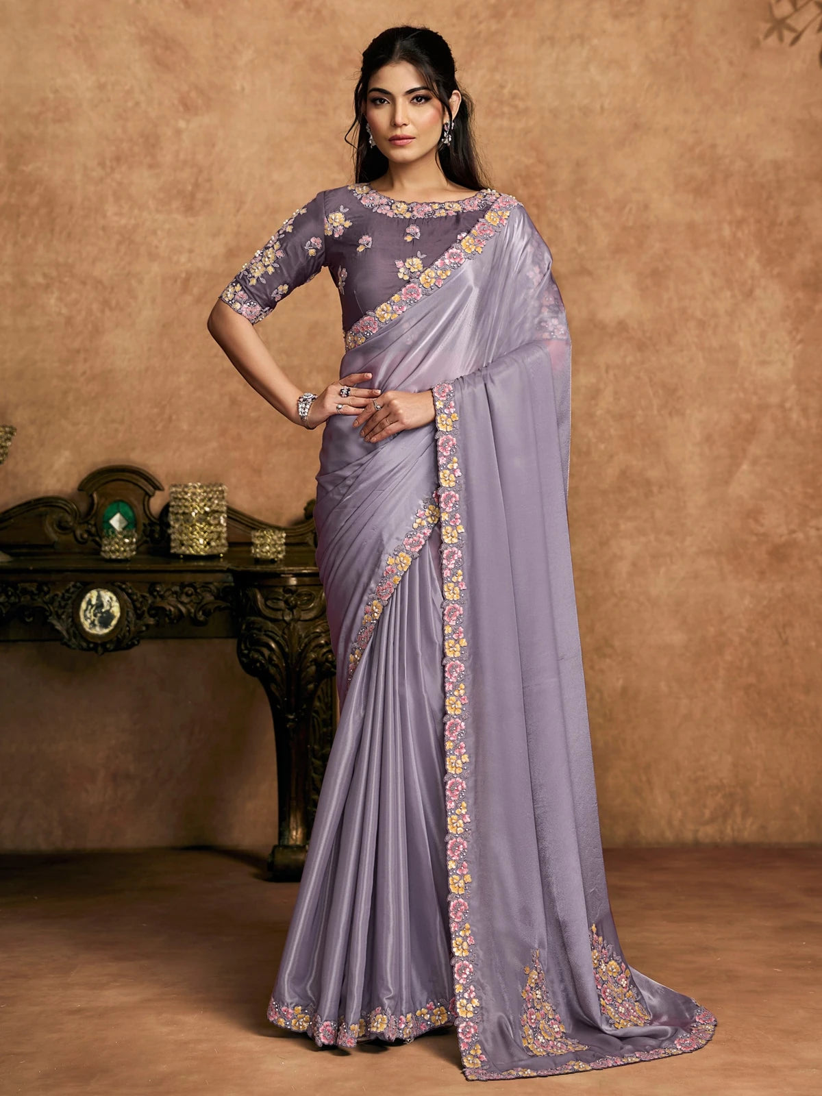 Tarani lavender Pure Crepe Satin saree full view with floral embroidery and pearl detailing for wedding wear