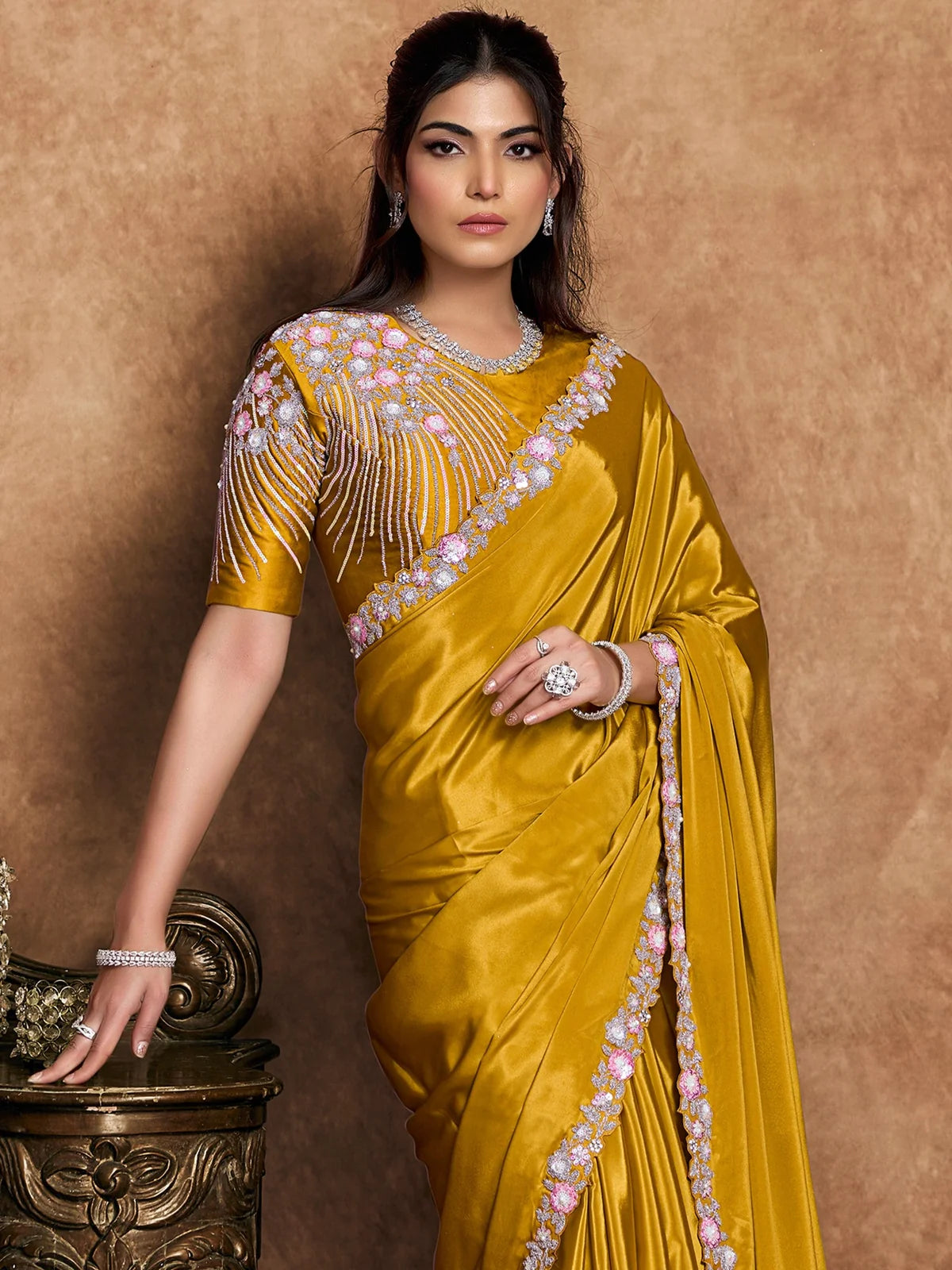 Tarani Samidha mustard Pure Crepe Satin saree upper body view with floral sequin pearl blouse detailing