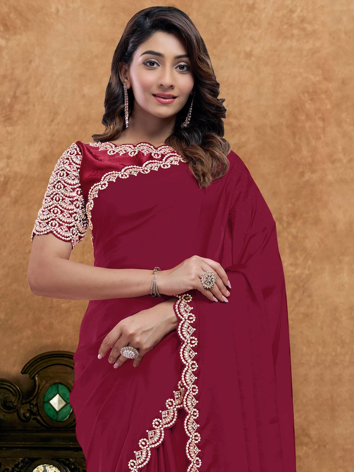 Tarani Mitasha maroon Pure Crepe Silk saree upper body view with elegant handworked blouse