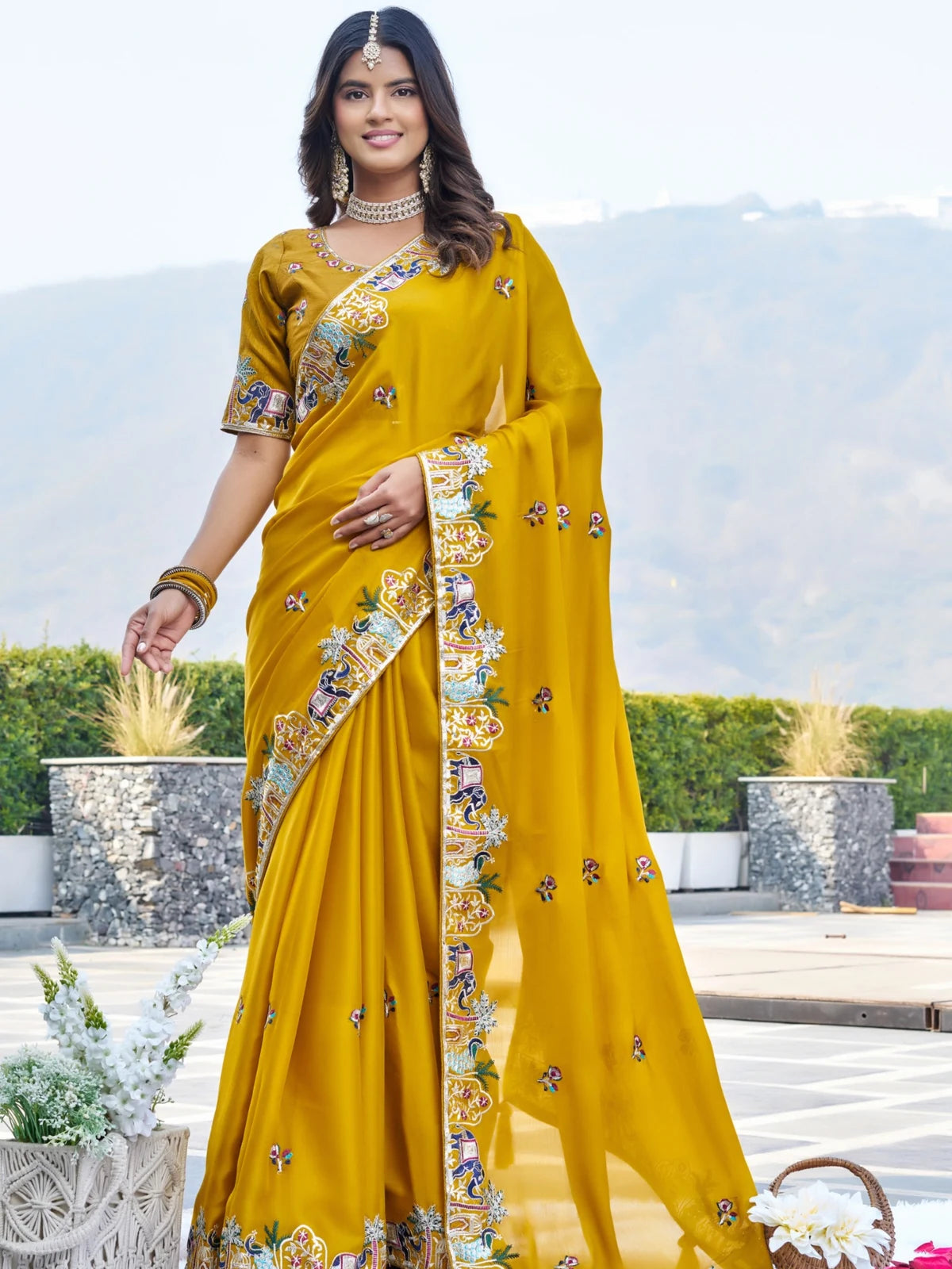 Tarani mustard embroidered saree front view with mono silk blouse for wedding and festive occasions