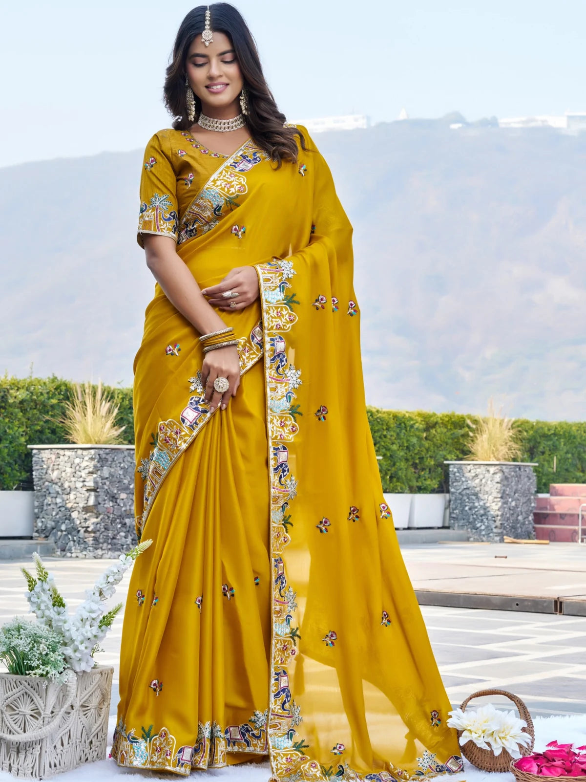 Tarani mustard pure satin chiffon saree with embroidered border full view for festive wedding wear