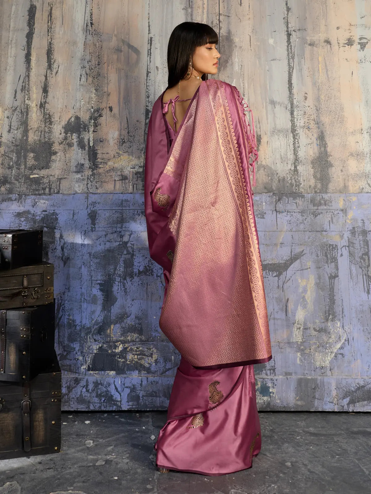 Tarani pink pure satin handloom saree back view with woven pallu and tassel border