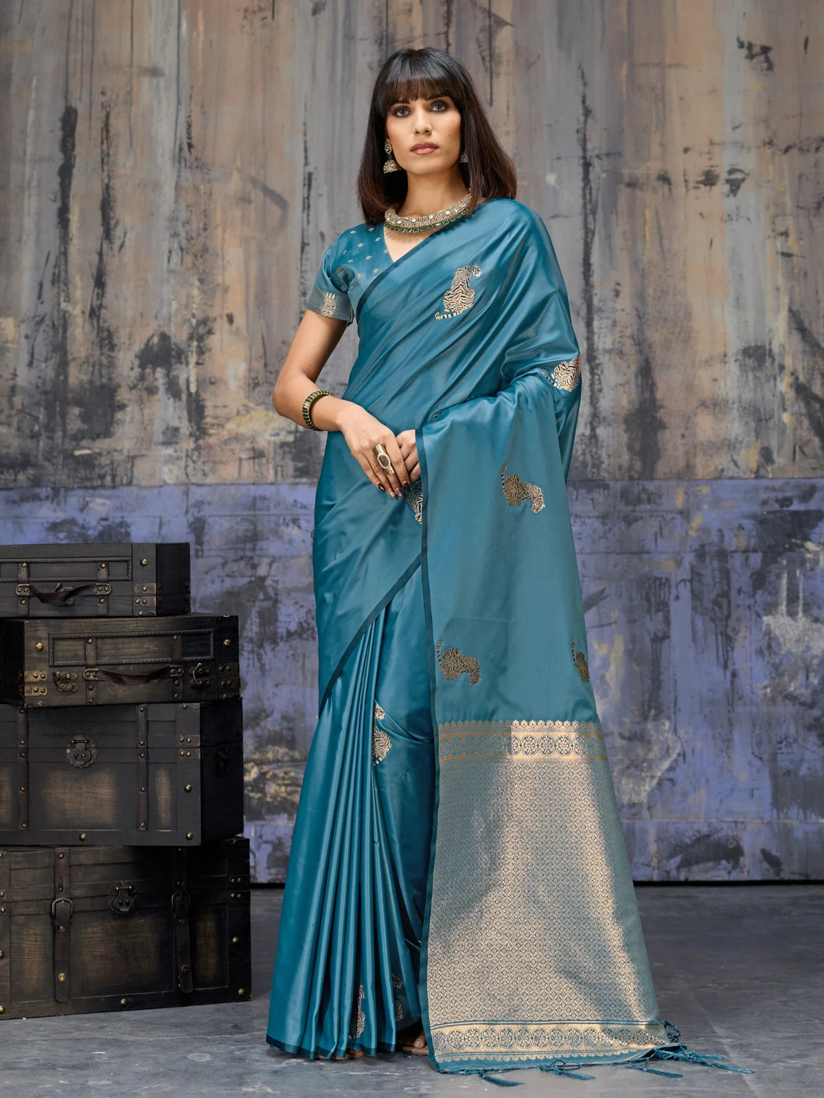 Tarani teal pure satin handloom saree with woven border and tiger motifs full front view