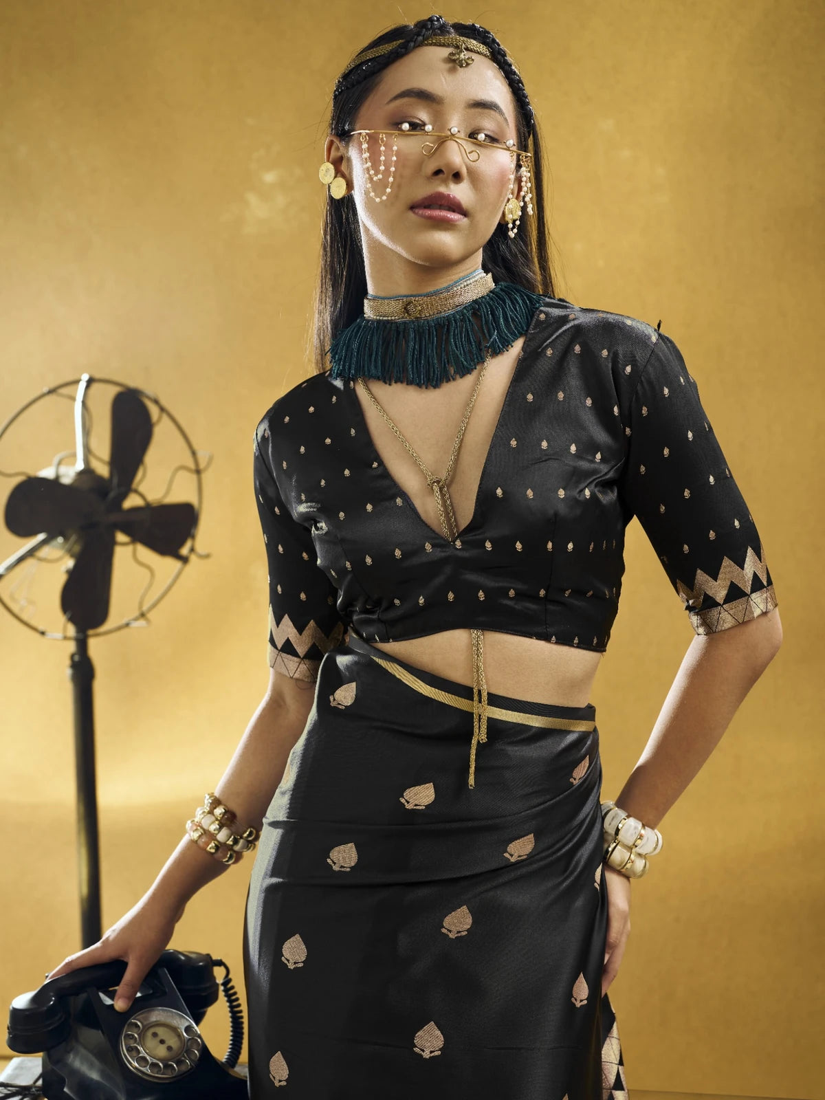 Tarani black Pure Satin Handloom Weaving saree upper body blouse view with woven motifs