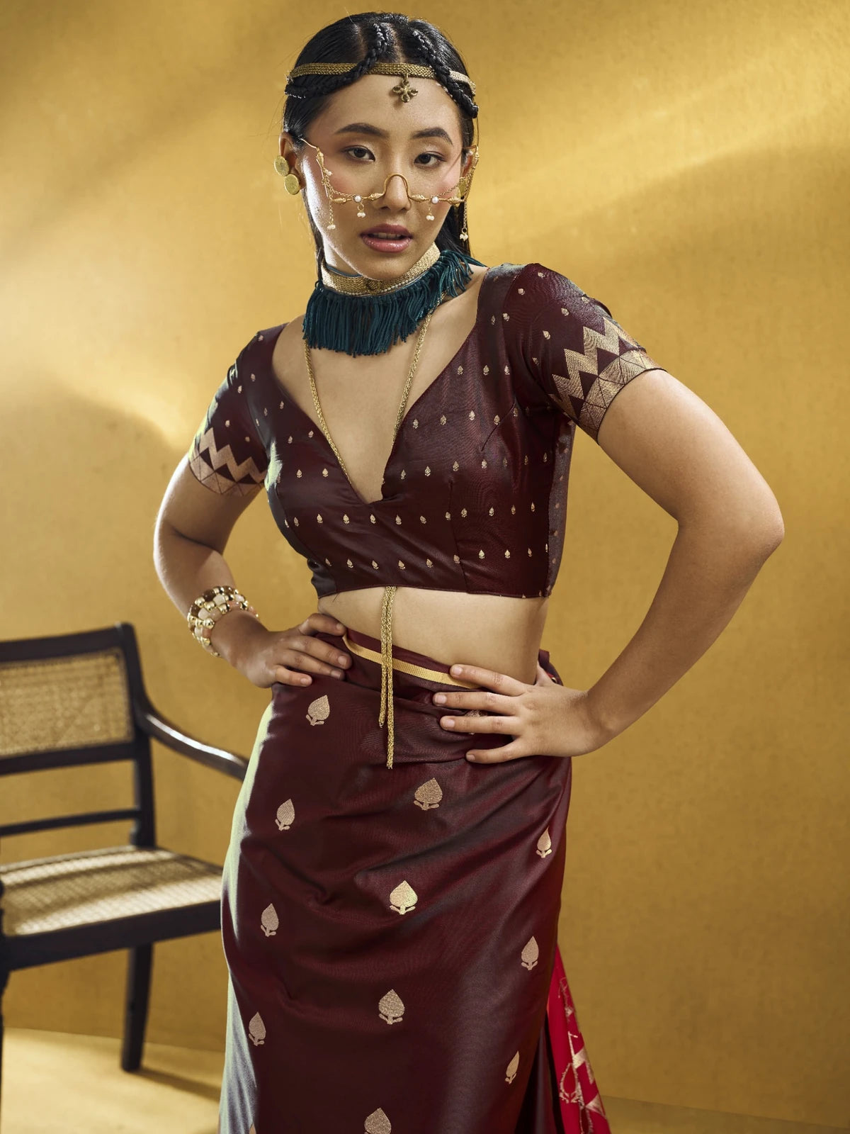 Tarani maroon Pure Satin Handloom Weaving saree upper body blouse design with woven sleeve